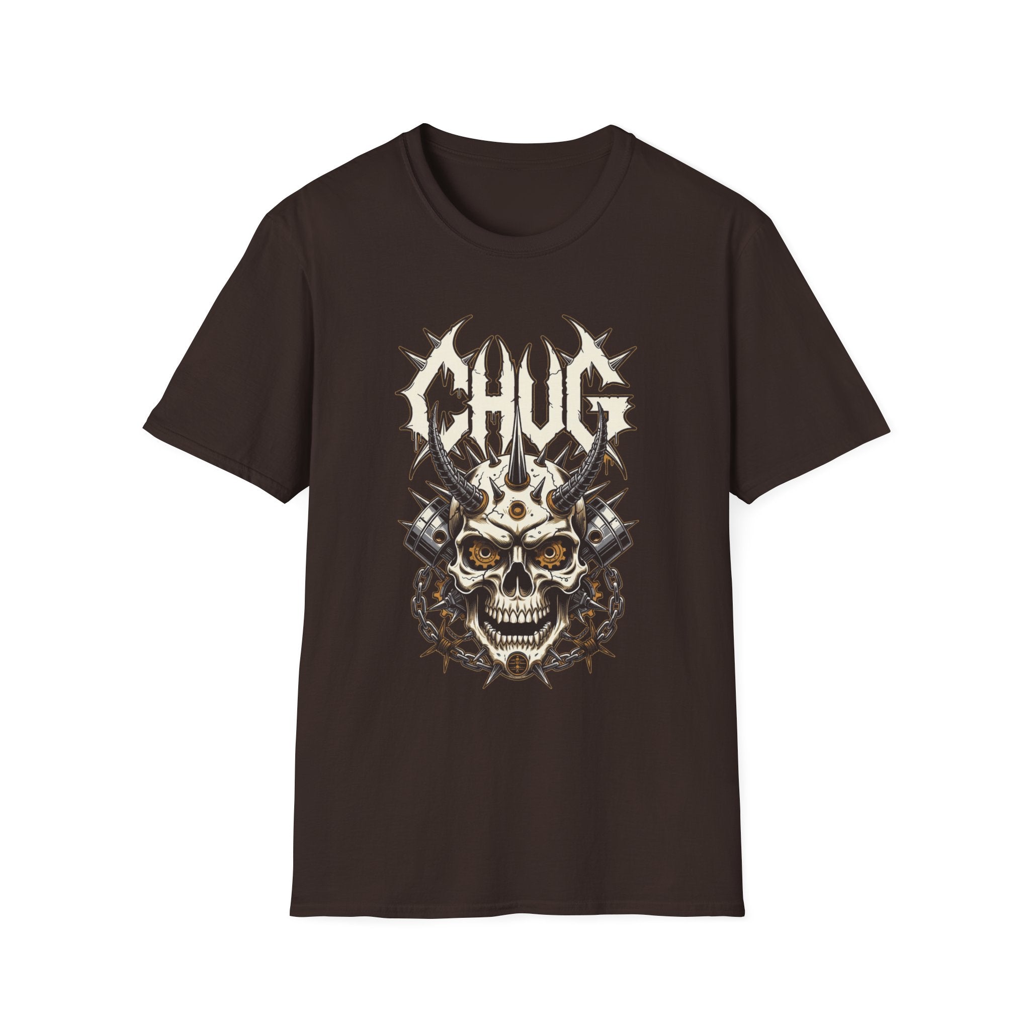 Chug Guitar Riffs Skull Tee — "Chug" Chains & Pistons Metal T-Shirt