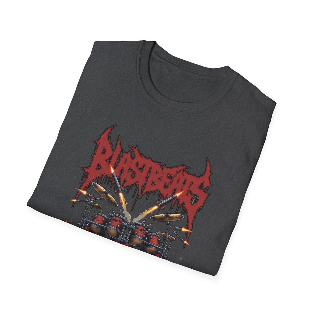 Blast Beats Metal T-Shirt — Drumset & "If the Kicks Don't Sound Like Gatling Guns" Design