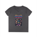 Caffeinated Ladies' V-Neck T-Shirt — Retro Horror Crew Graphic Tee (Creepy Doll & Dripping Logo)