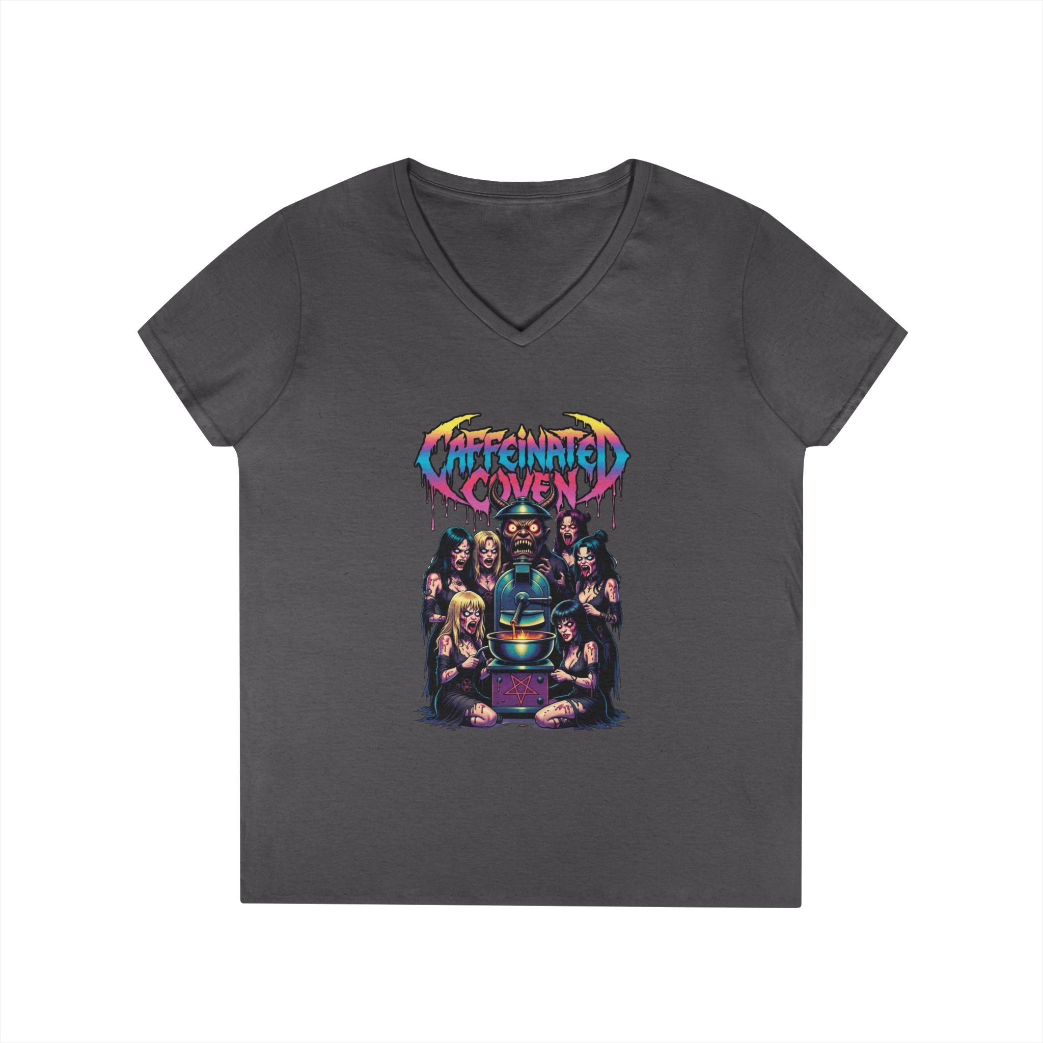 Caffeinated Ladies' V-Neck T-Shirt — Retro Horror Crew Graphic Tee (Creepy Doll & Dripping Logo)