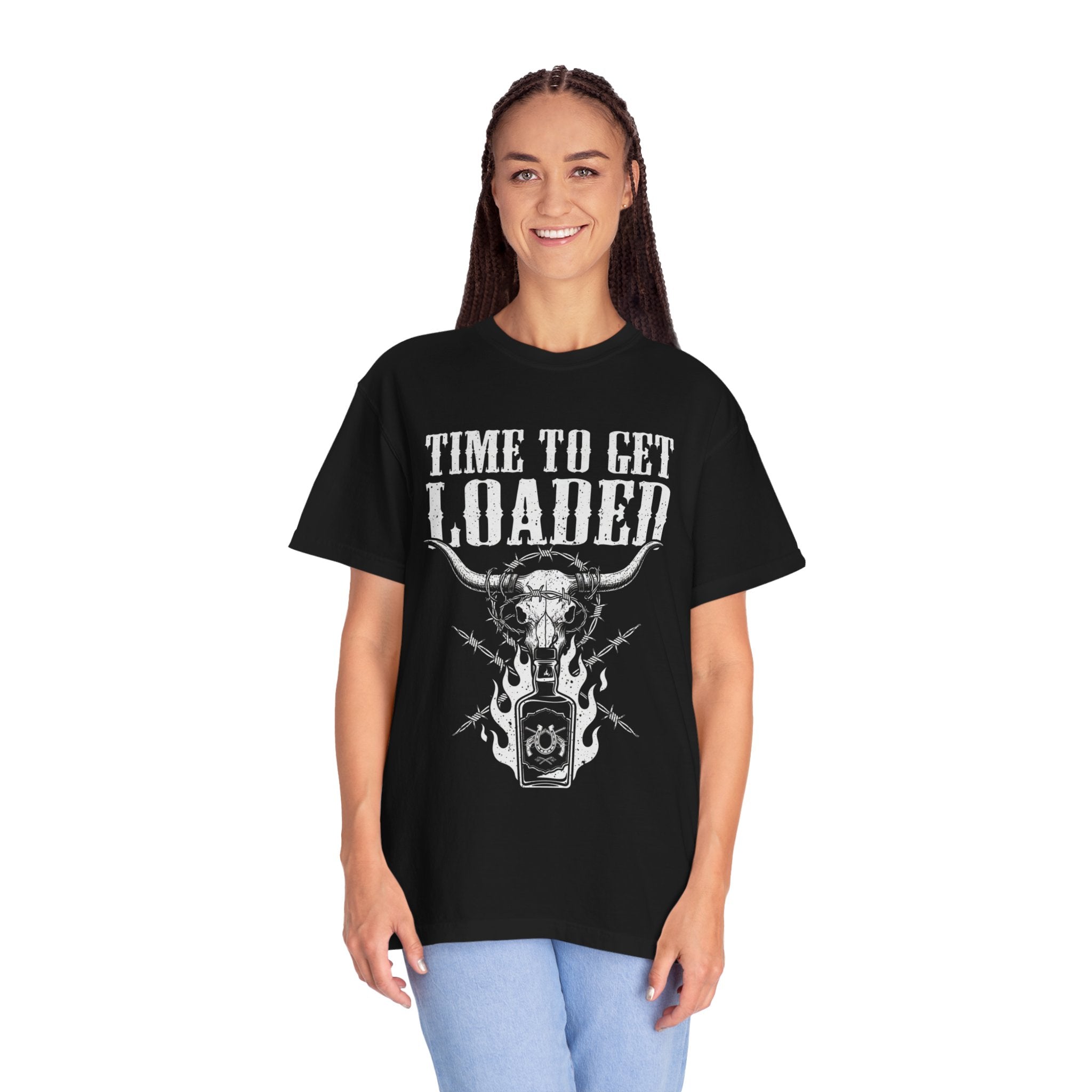 Time To Get Loaded Bull Skull T-Shirt — Western Gun & Flame Graphic Tee