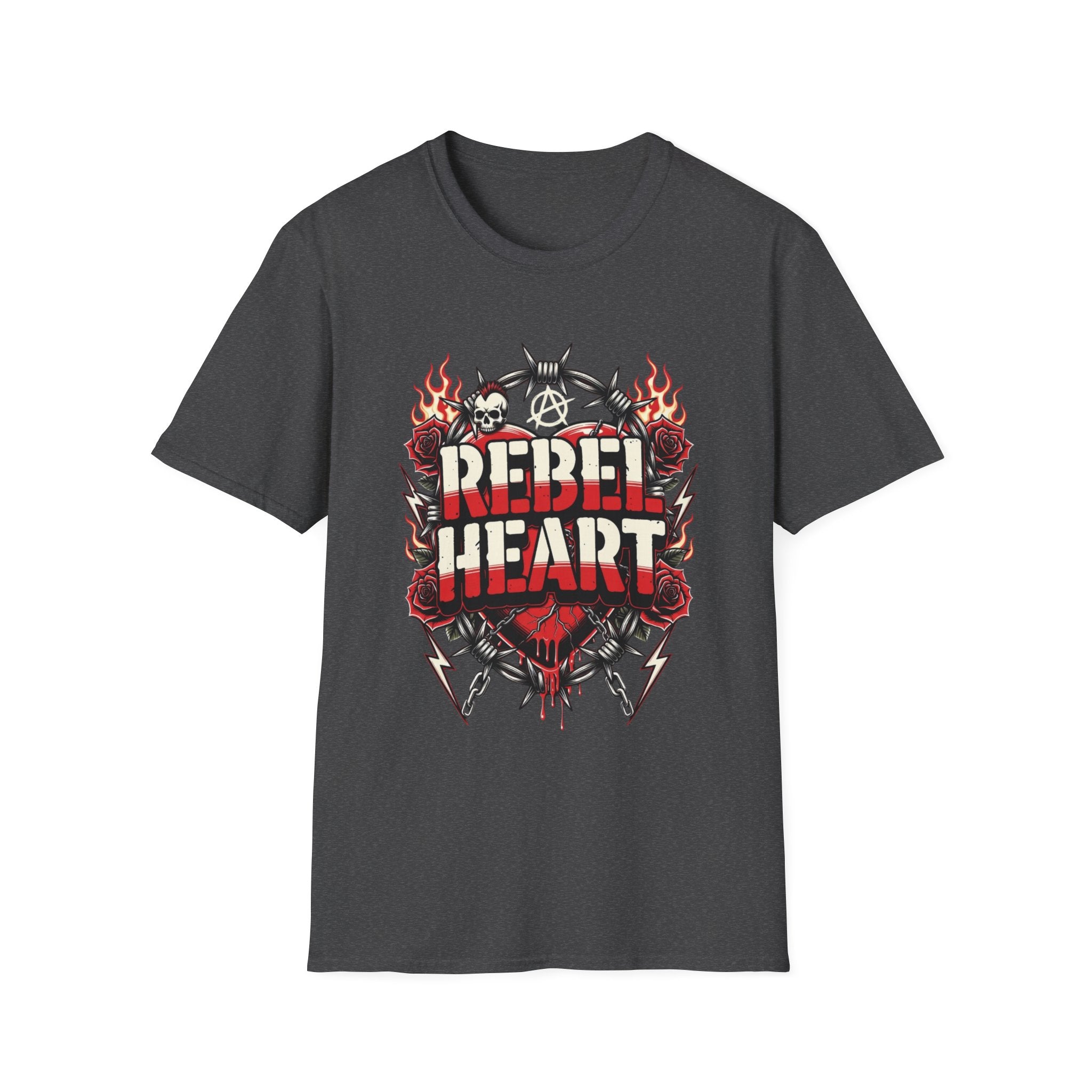 Rebel Heart Graphic T-Shirt — Edgy Flaming Heart & Barbed Wire Design