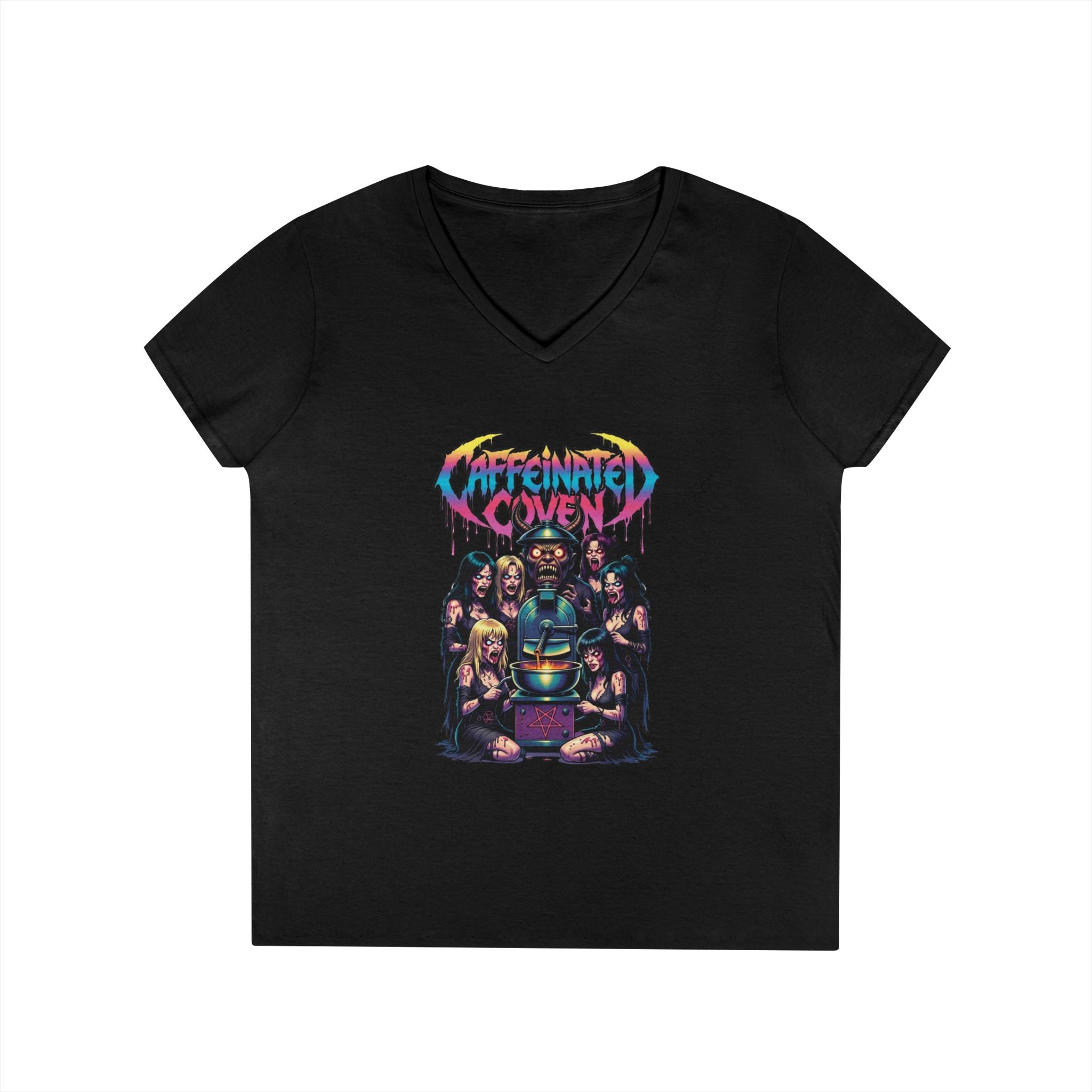Caffeinated Ladies' V-Neck T-Shirt — Retro Horror Crew Graphic Tee (Creepy Doll & Dripping Logo)