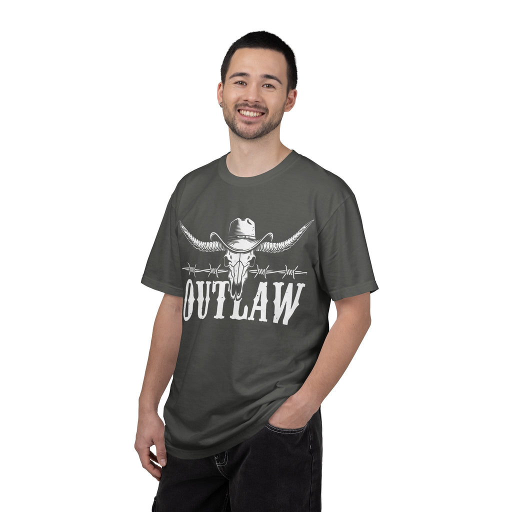 Outlaw Western T-Shirt — Longhorn Skull & Barbed Wire Cowboy Tee