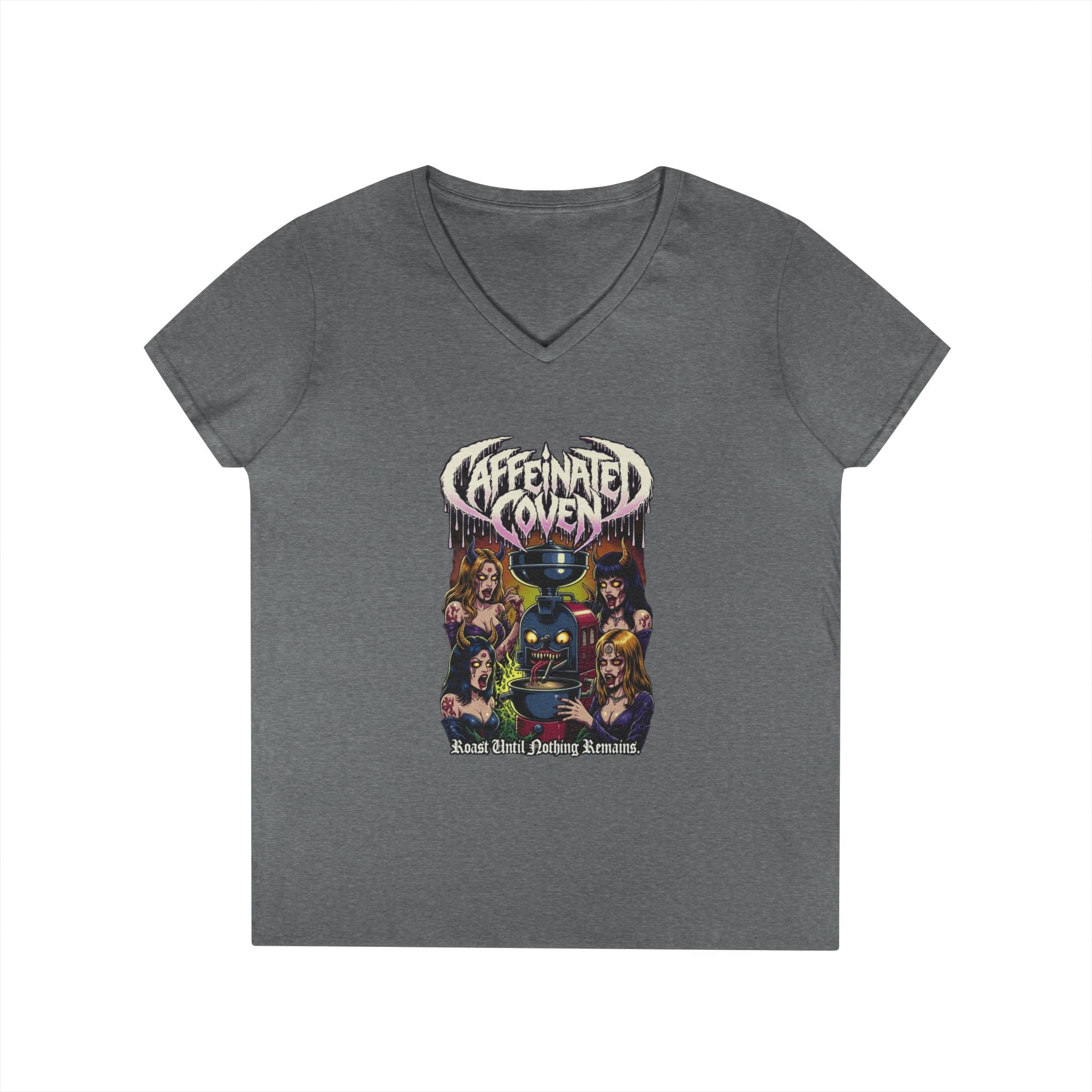 Caffeinated Coven V-Neck Tee — Retro Witchy Graphic T-Shirt