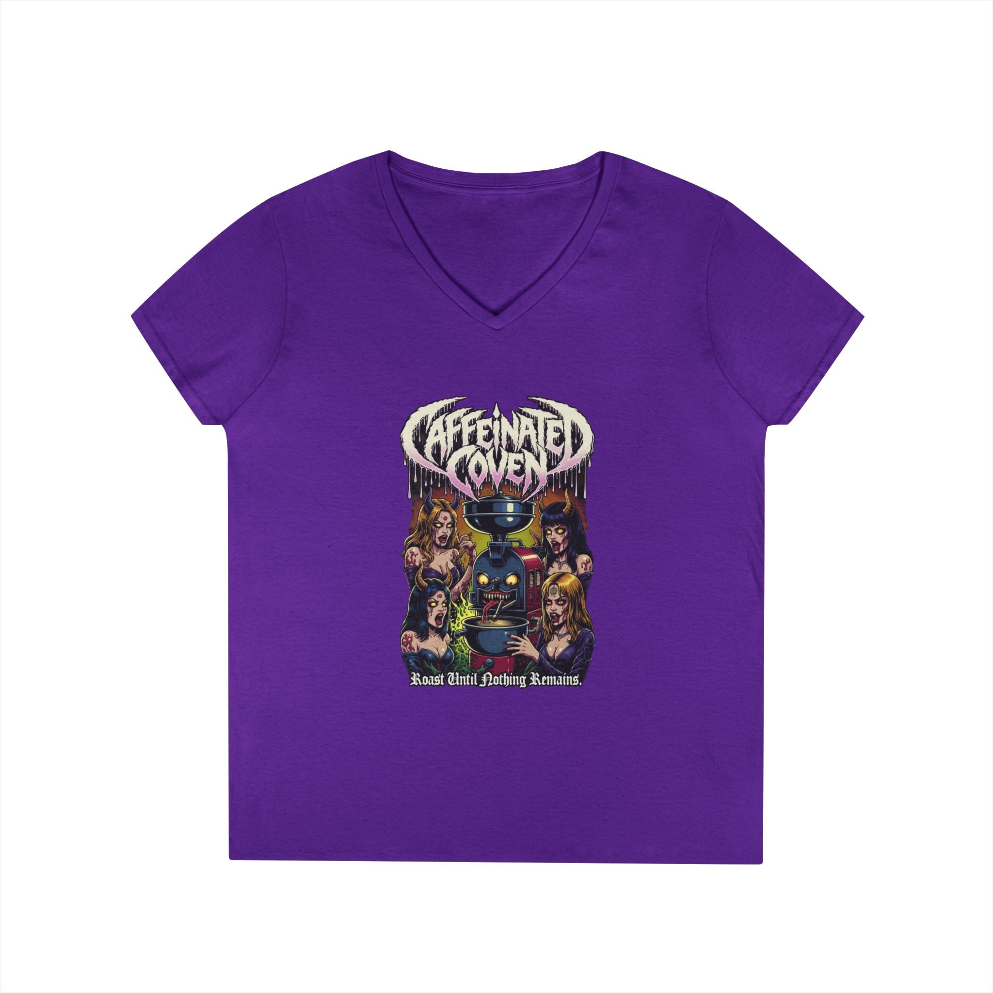 Caffeinated Coven V-Neck Tee — Retro Witchy Graphic T-Shirt