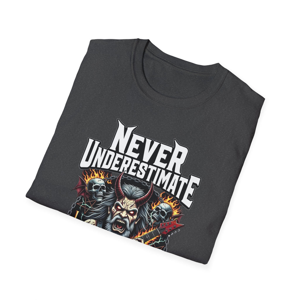 Never Underestimate an Old Man Who Plays Guitar T-Shirt — Vintage Rock Guitarist Tee