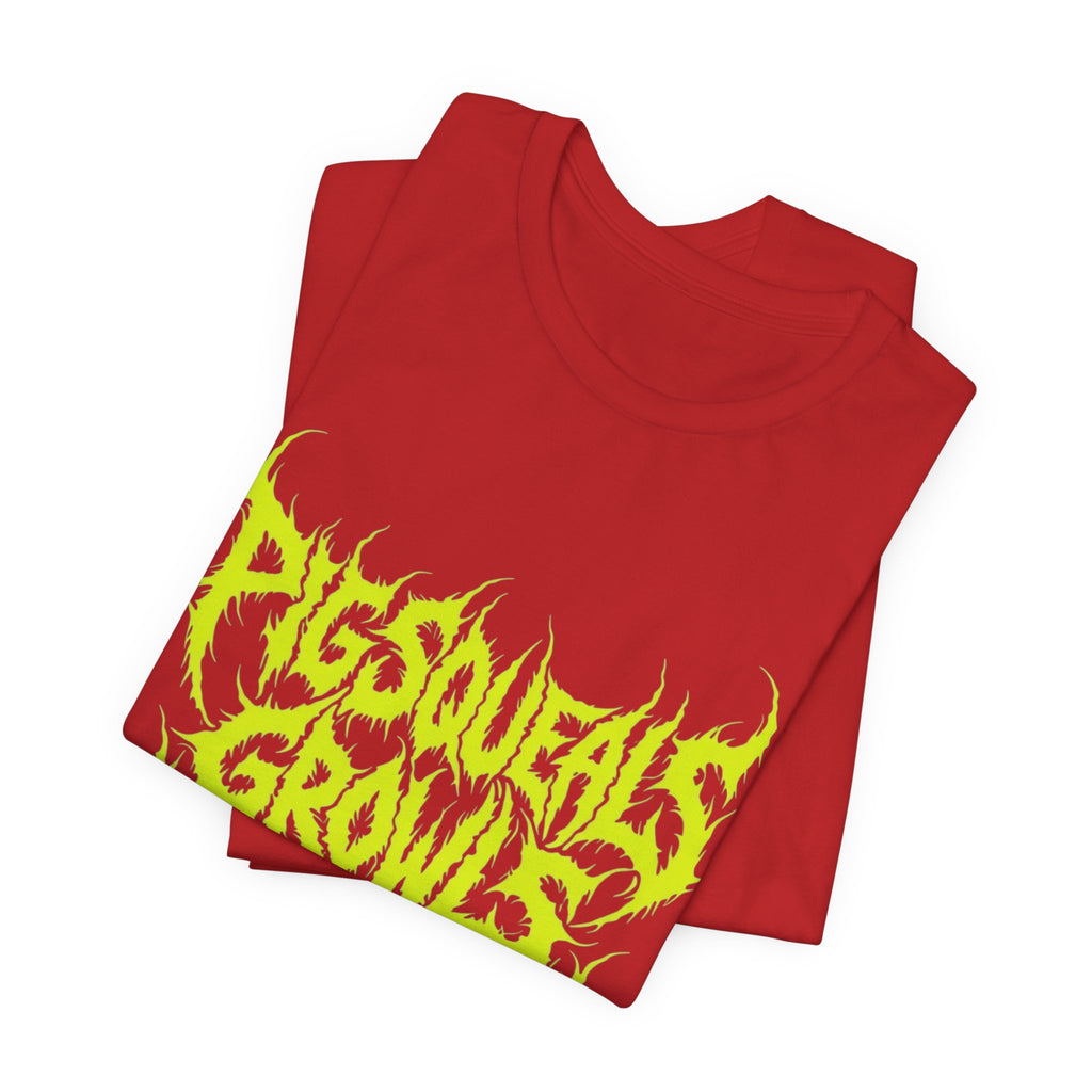 Metal Band Tee — "Pigsqueals Growls Gutterals" Neon Deathcore T-Shirt