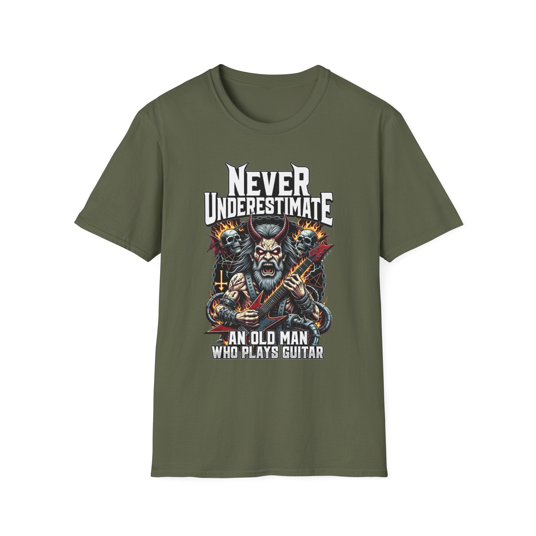Never Underestimate an Old Man Who Plays Guitar T-Shirt — Vintage Rock Guitarist Tee