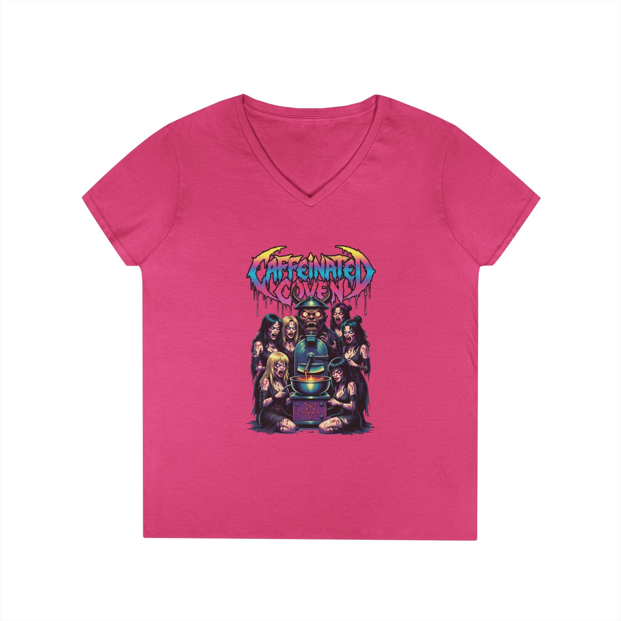 Caffeinated Ladies' V-Neck T-Shirt — Retro Horror Crew Graphic Tee (Creepy Doll & Dripping Logo)