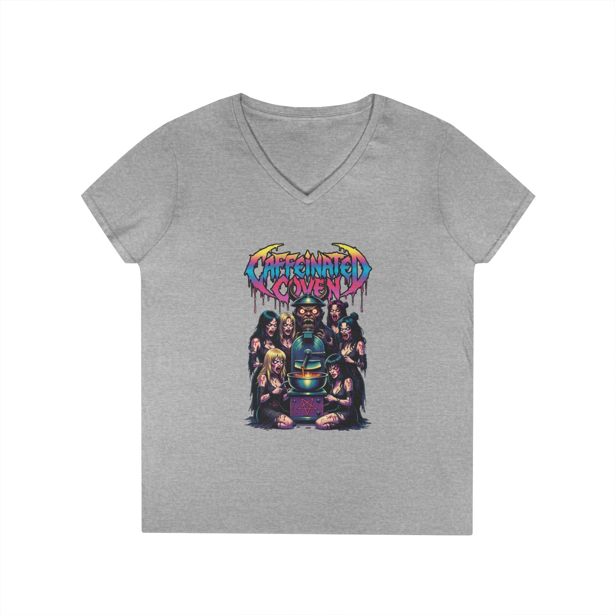 Caffeinated Ladies' V-Neck T-Shirt — Retro Horror Crew Graphic Tee (Creepy Doll & Dripping Logo)