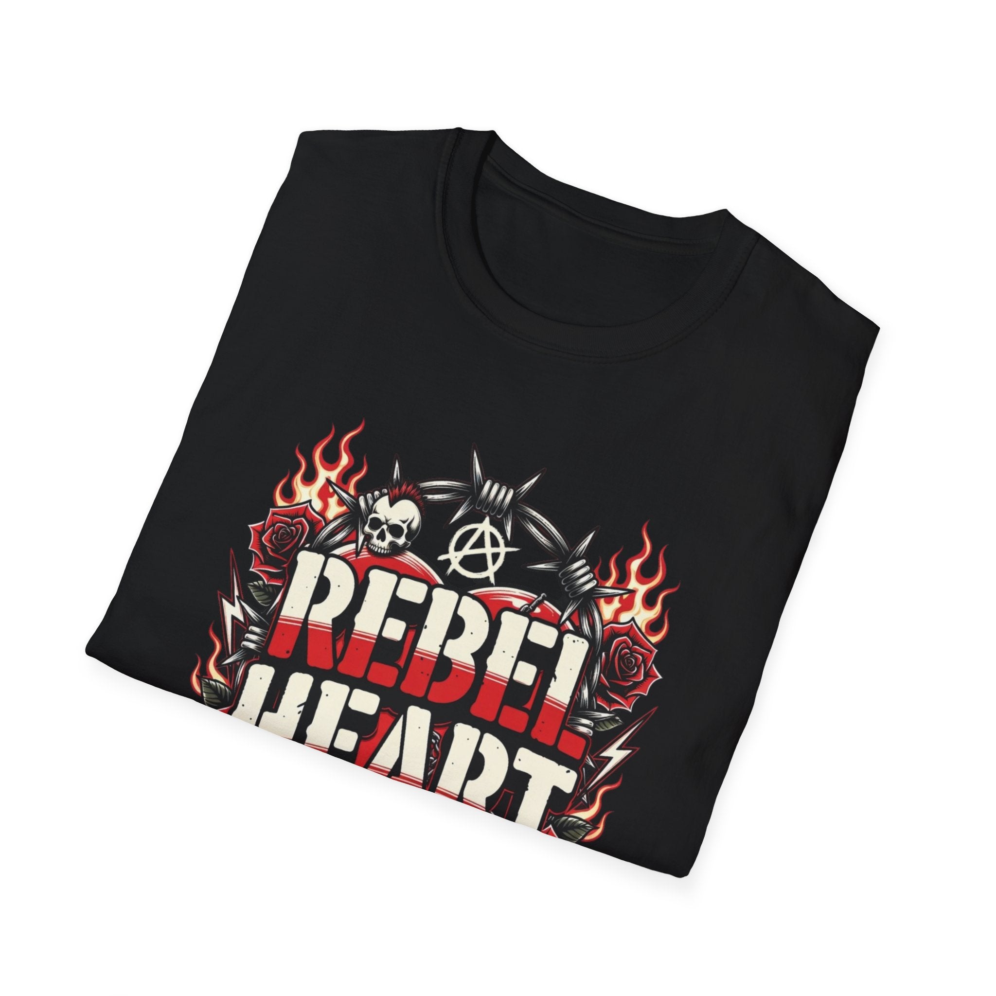 Rebel Heart Graphic T-Shirt — Edgy Flaming Heart & Barbed Wire Design