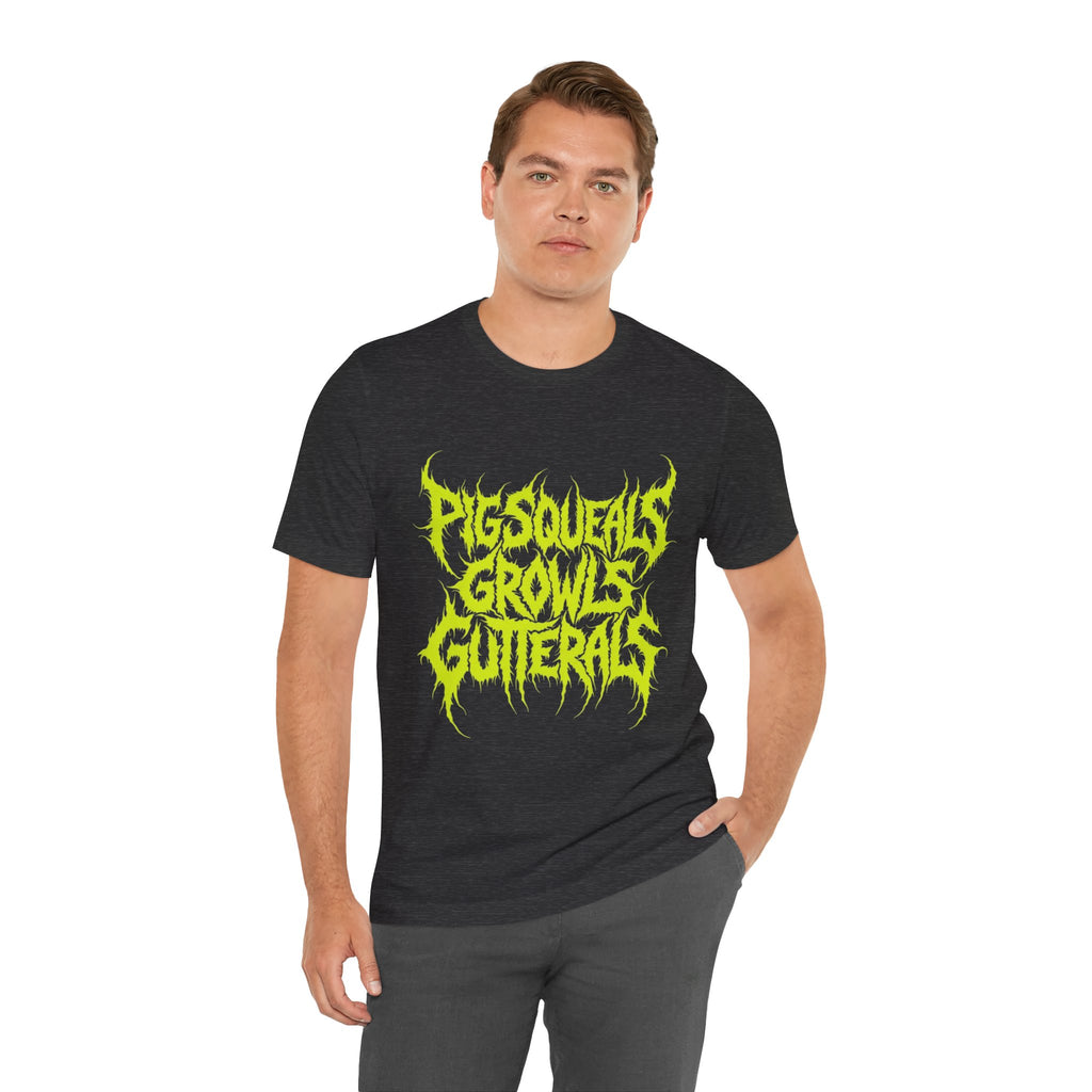 Metal Band Tee — "Pigsqueals Growls Gutterals" Neon Deathcore T-Shirt