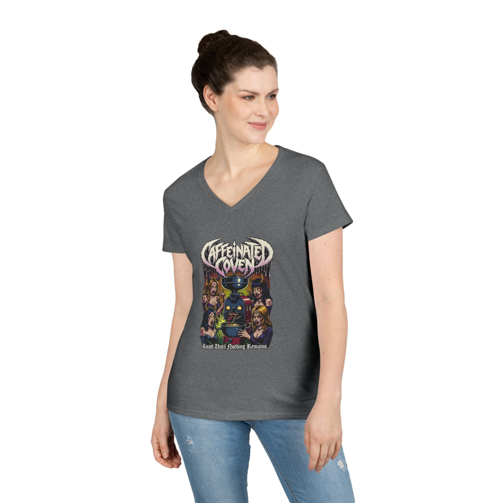 Caffeinated Coven V-Neck Tee — Retro Witchy Graphic T-Shirt