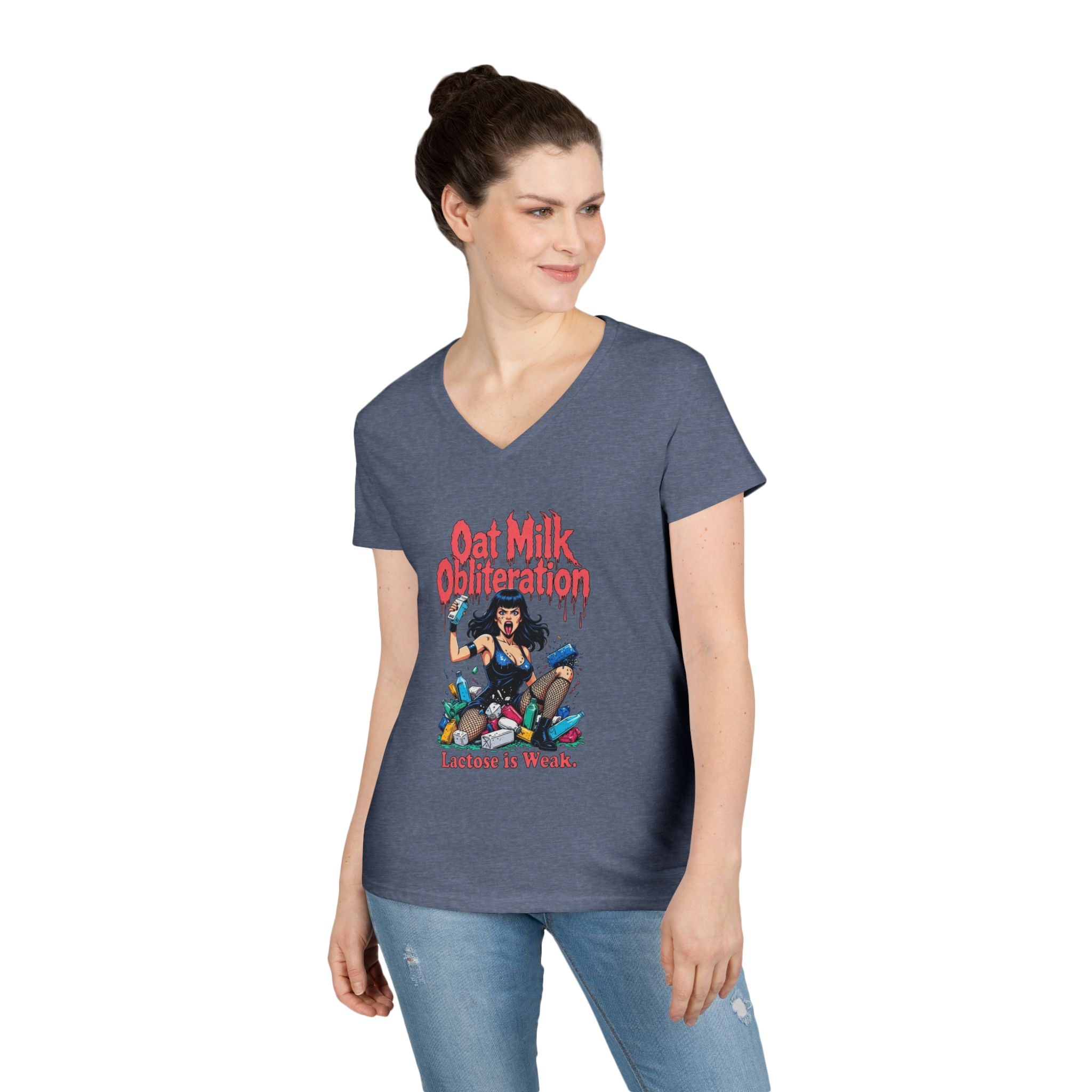 Ladies' V-Neck T-Shirt — "Oat Milk Obsession: Lactose Is Weak" Graphic Tee