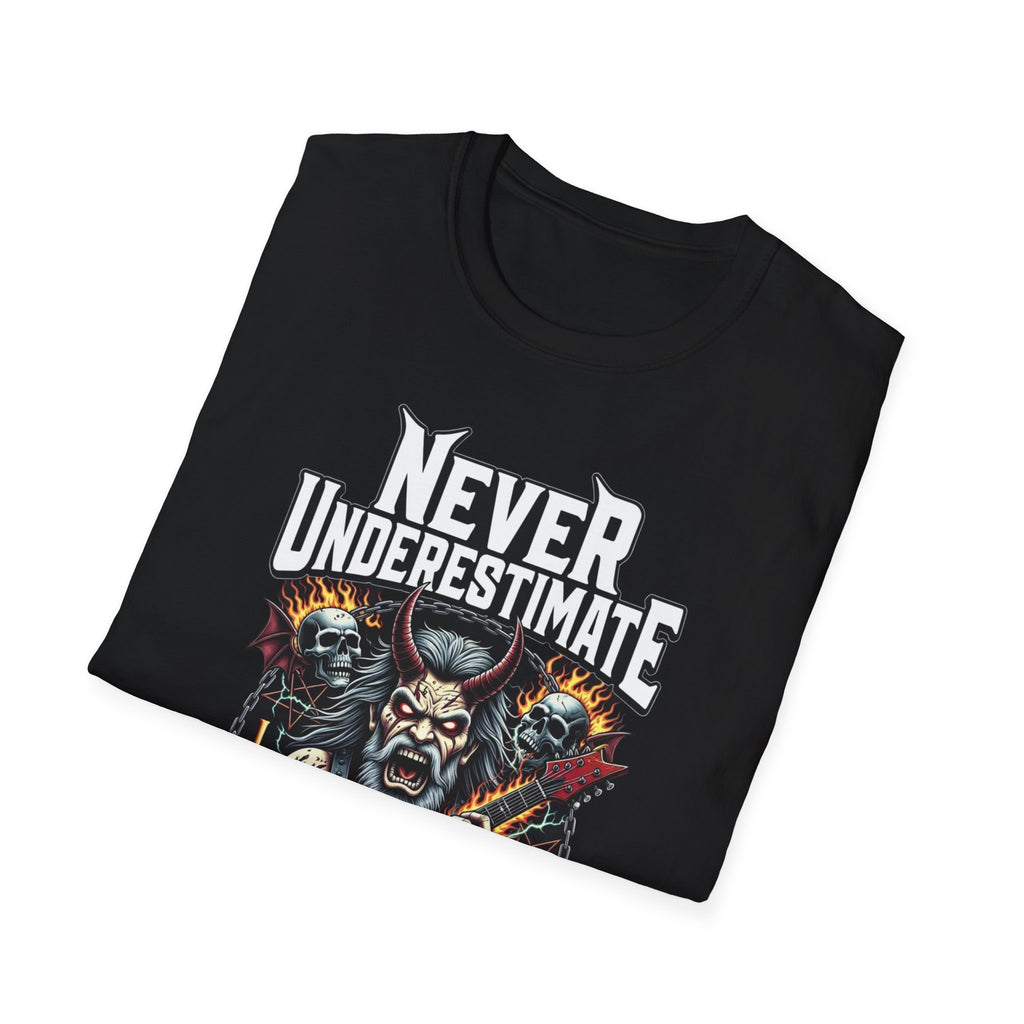 Never Underestimate an Old Man Who Plays Guitar T-Shirt — Vintage Rock Guitarist Tee