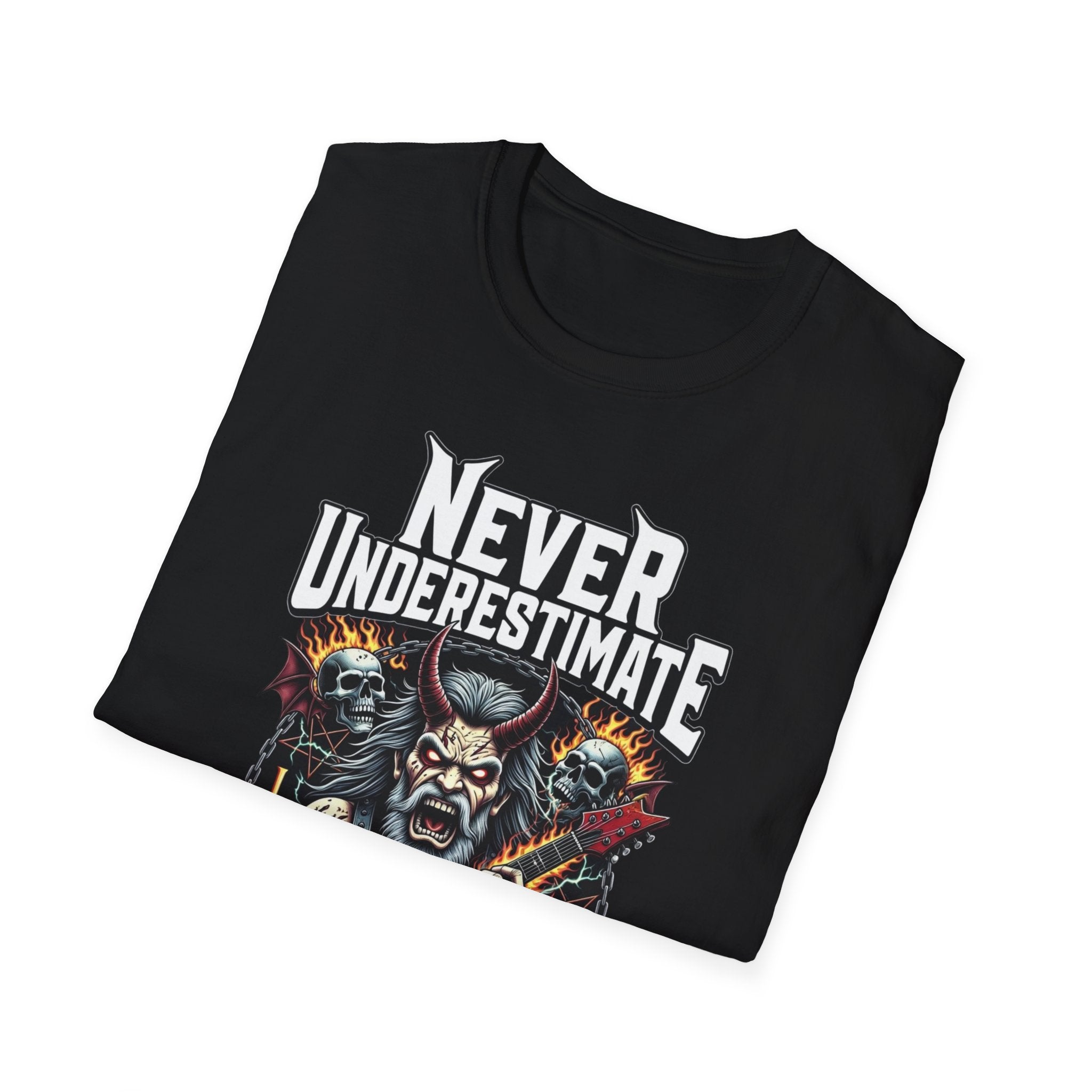 Never Underestimate an Old Man Who Plays Guitar T-Shirt — Vintage Rock Guitarist Tee