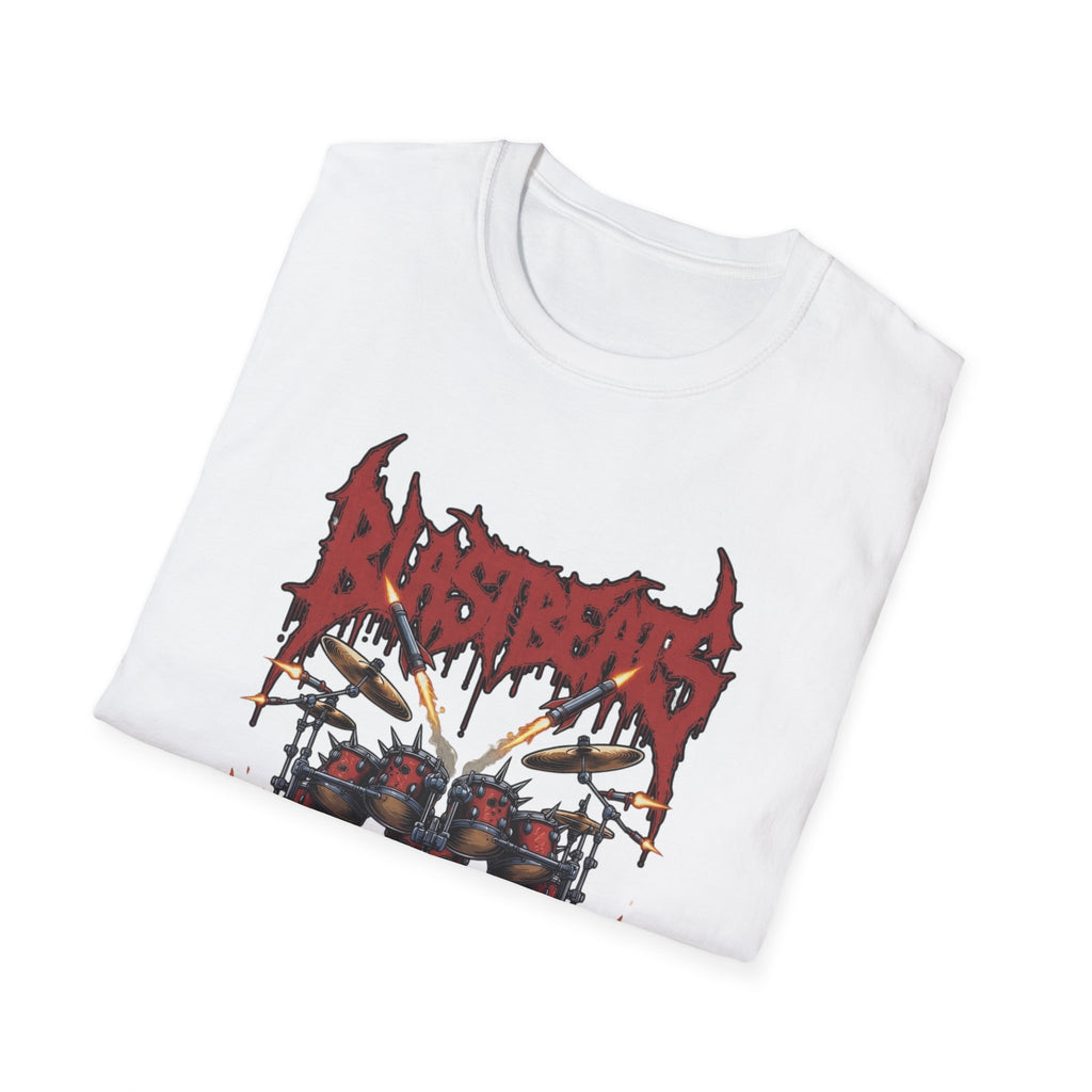 Blast Beats Metal T-Shirt — Drumset & "If the Kicks Don't Sound Like Gatling Guns" Design