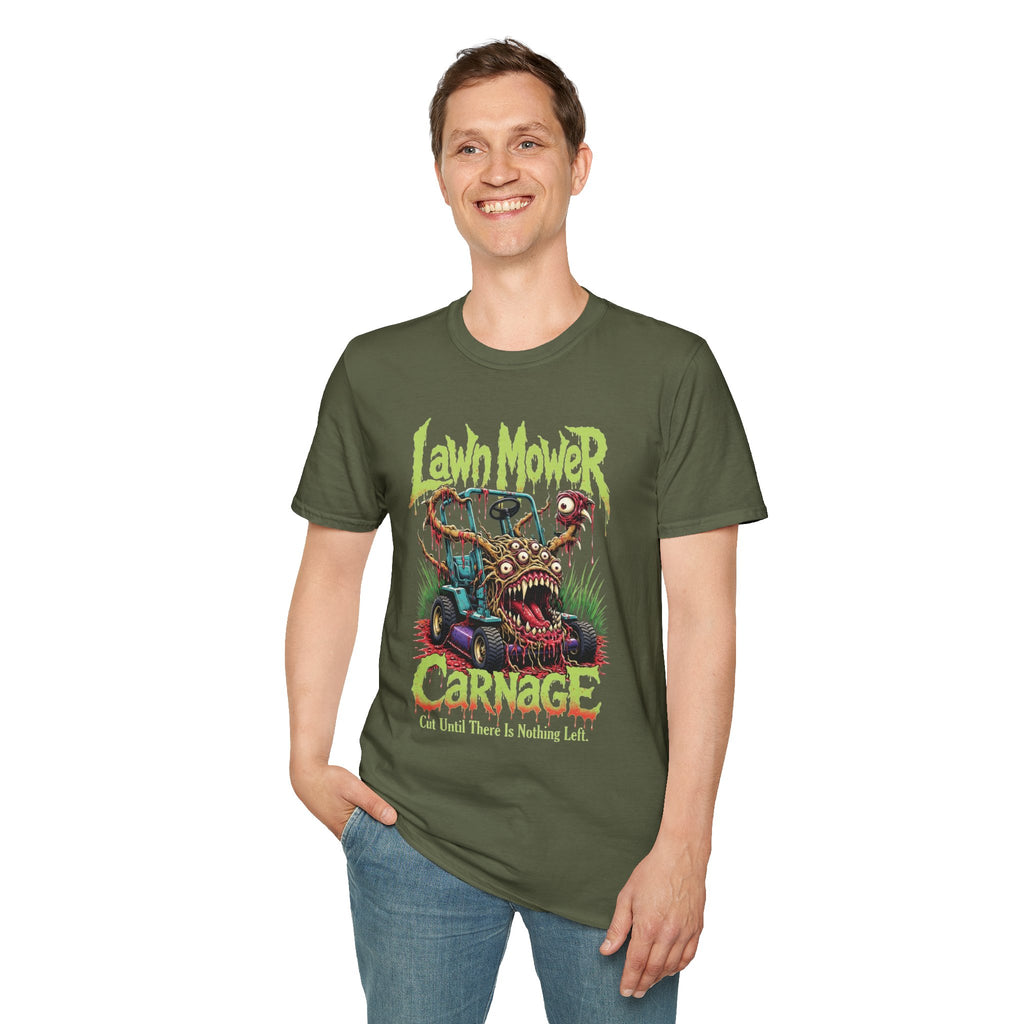 Lawn Mower Carnage Tee — Retro Horror Garden Monster T-Shirt