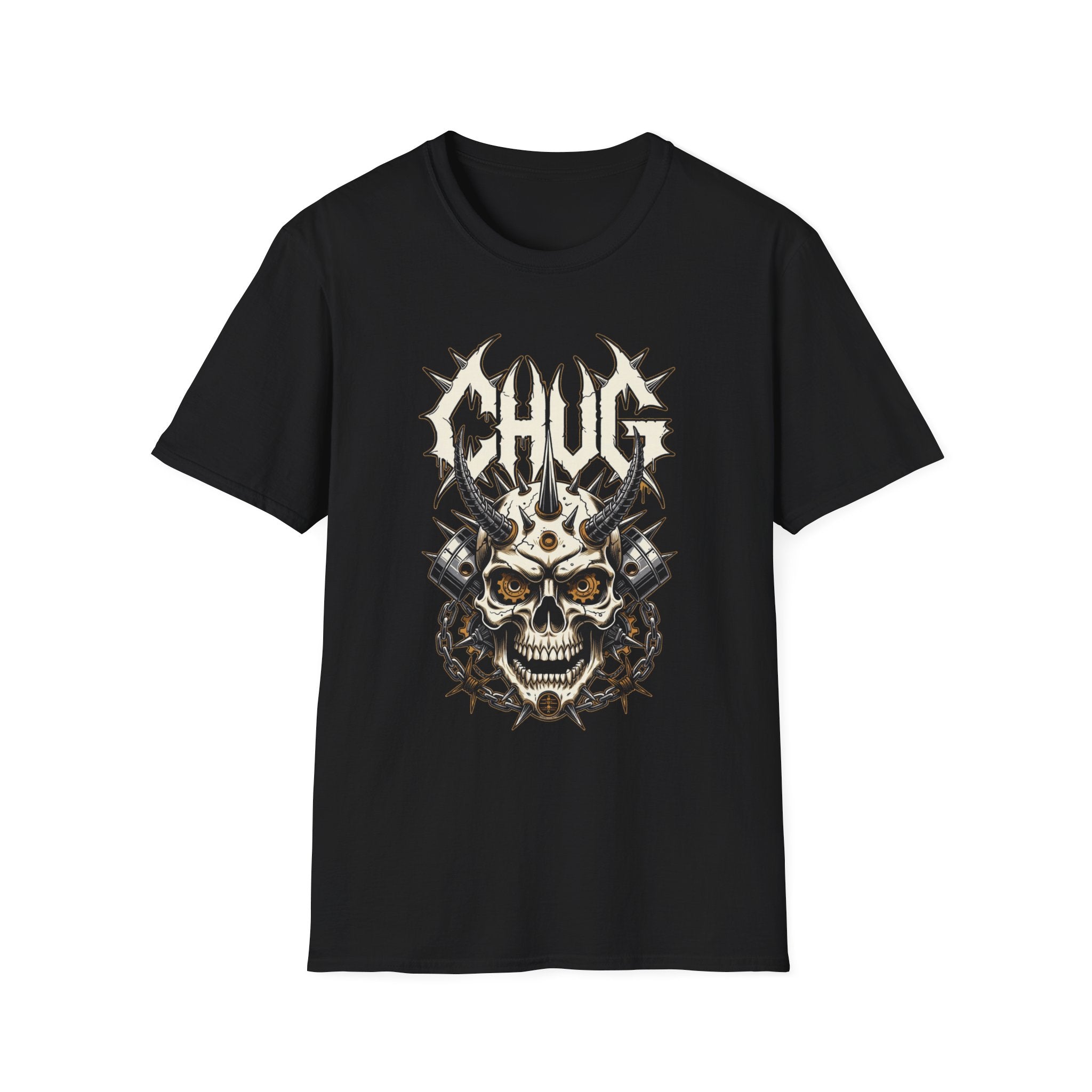 Chug Guitar Riffs Skull Tee — "Chug" Chains & Pistons Metal T-Shirt