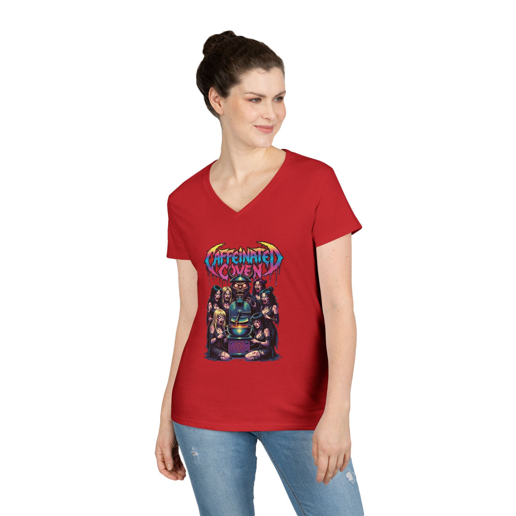 Caffeinated Ladies' V-Neck T-Shirt — Retro Horror Crew Graphic Tee (Creepy Doll & Dripping Logo)