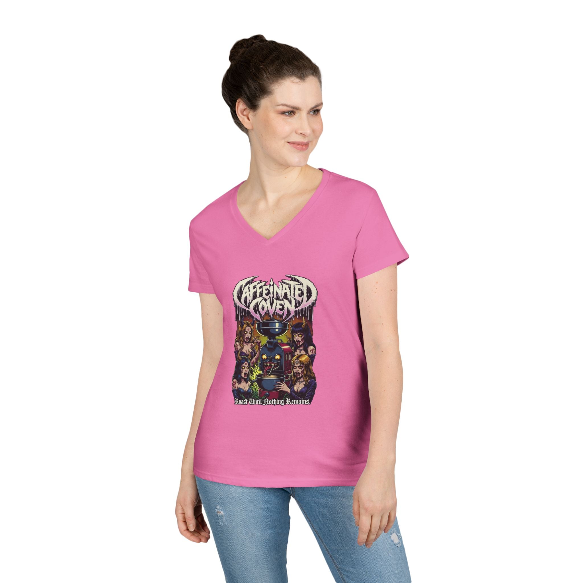 Caffeinated Coven V-Neck Tee — Retro Witchy Graphic T-Shirt