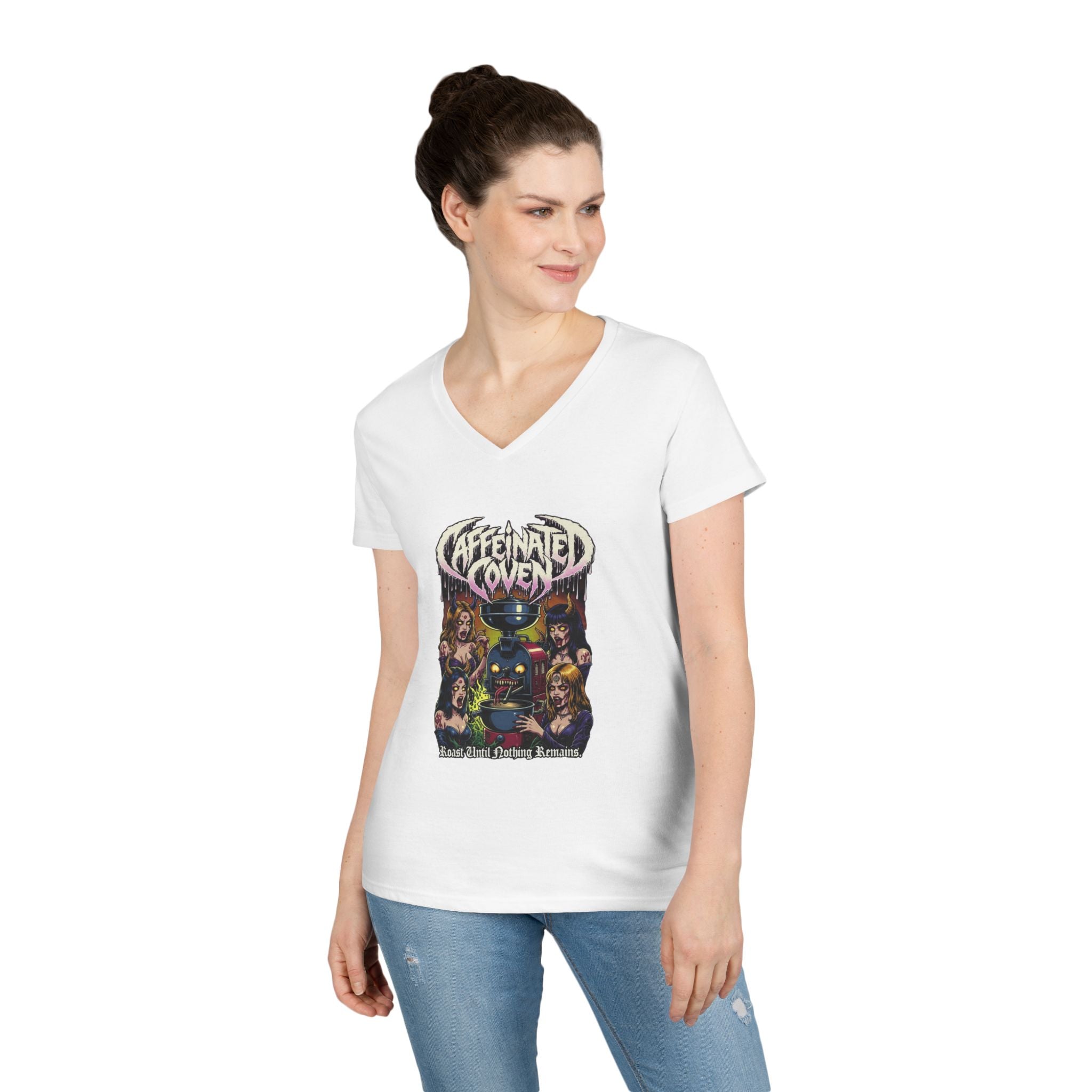 Caffeinated Coven V-Neck Tee — Retro Witchy Graphic T-Shirt