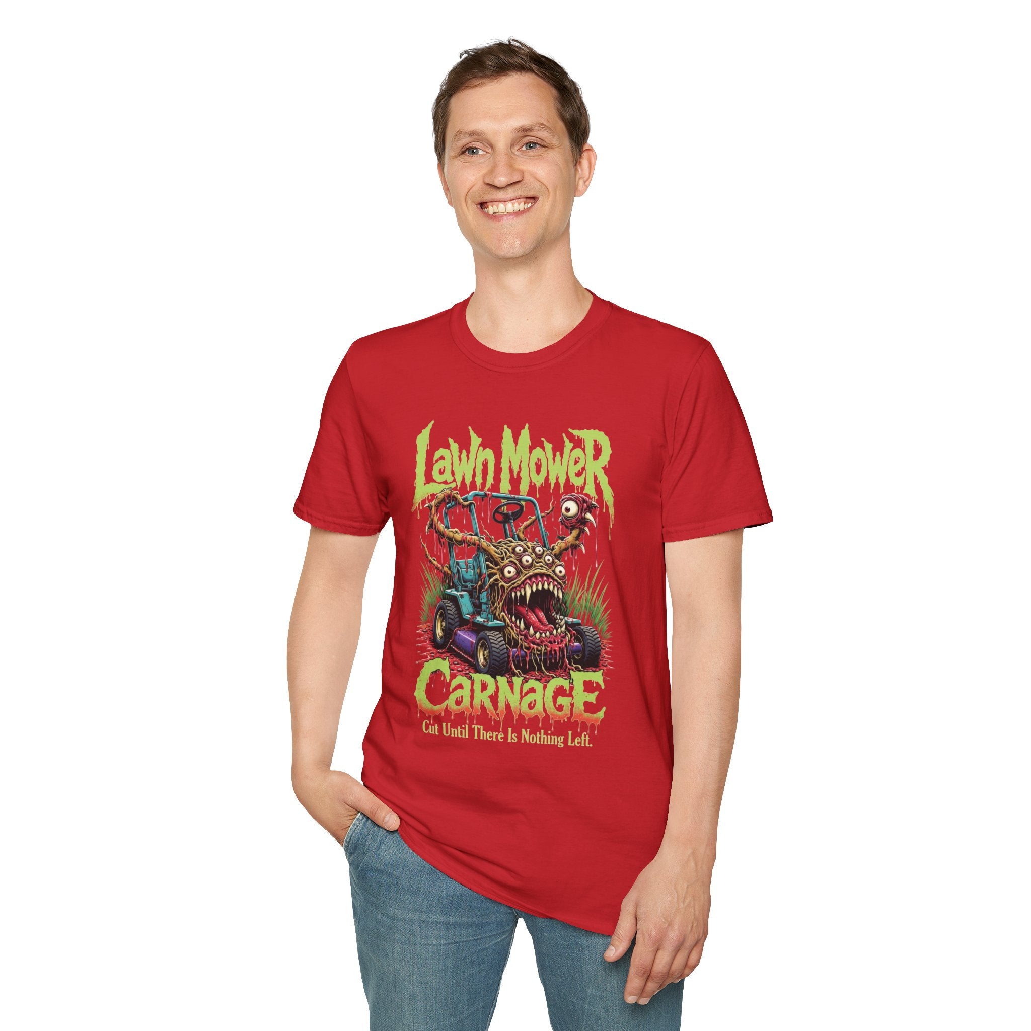 Lawn Mower Carnage Tee — Retro Horror Garden Monster T-Shirt