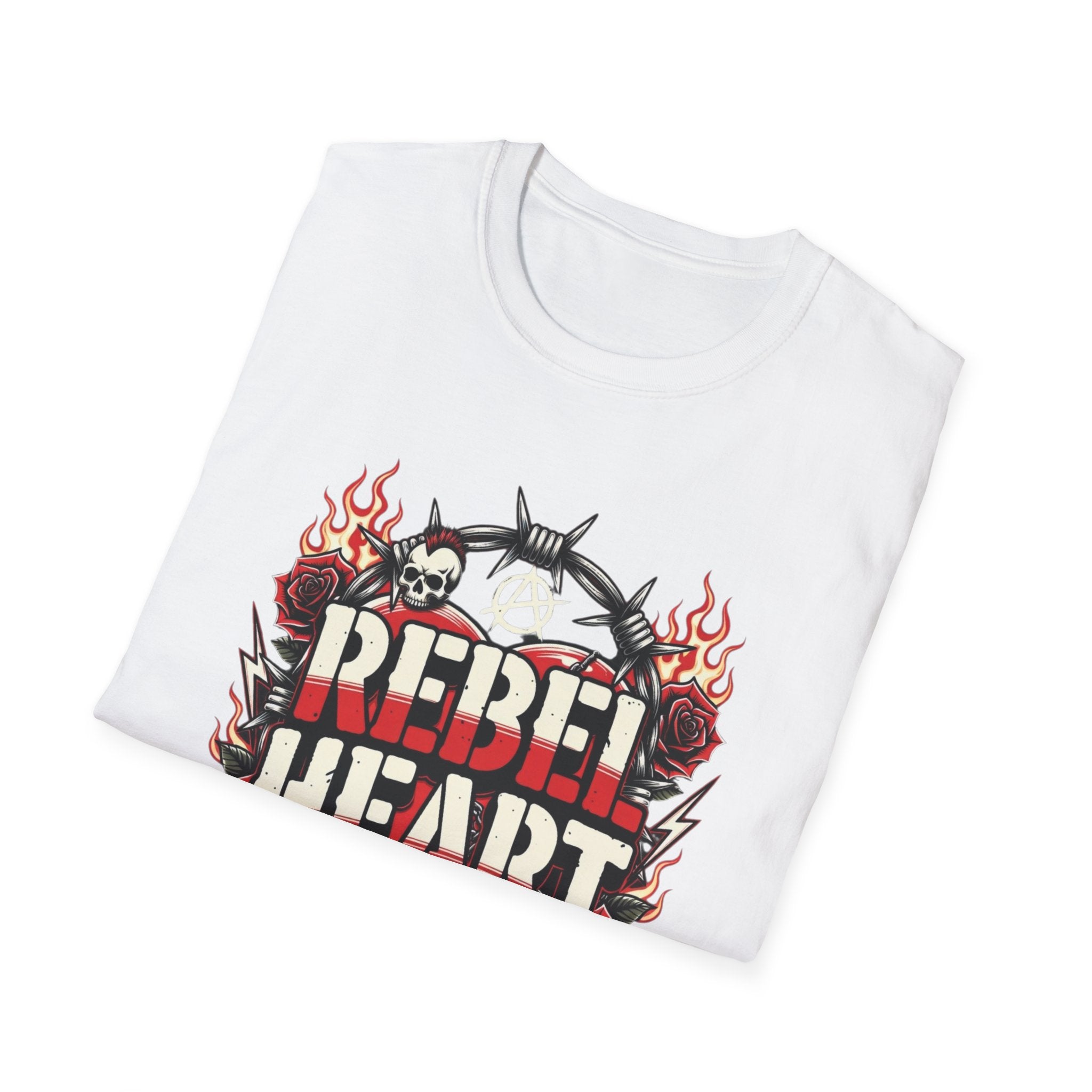Rebel Heart Graphic T-Shirt — Edgy Flaming Heart & Barbed Wire Design