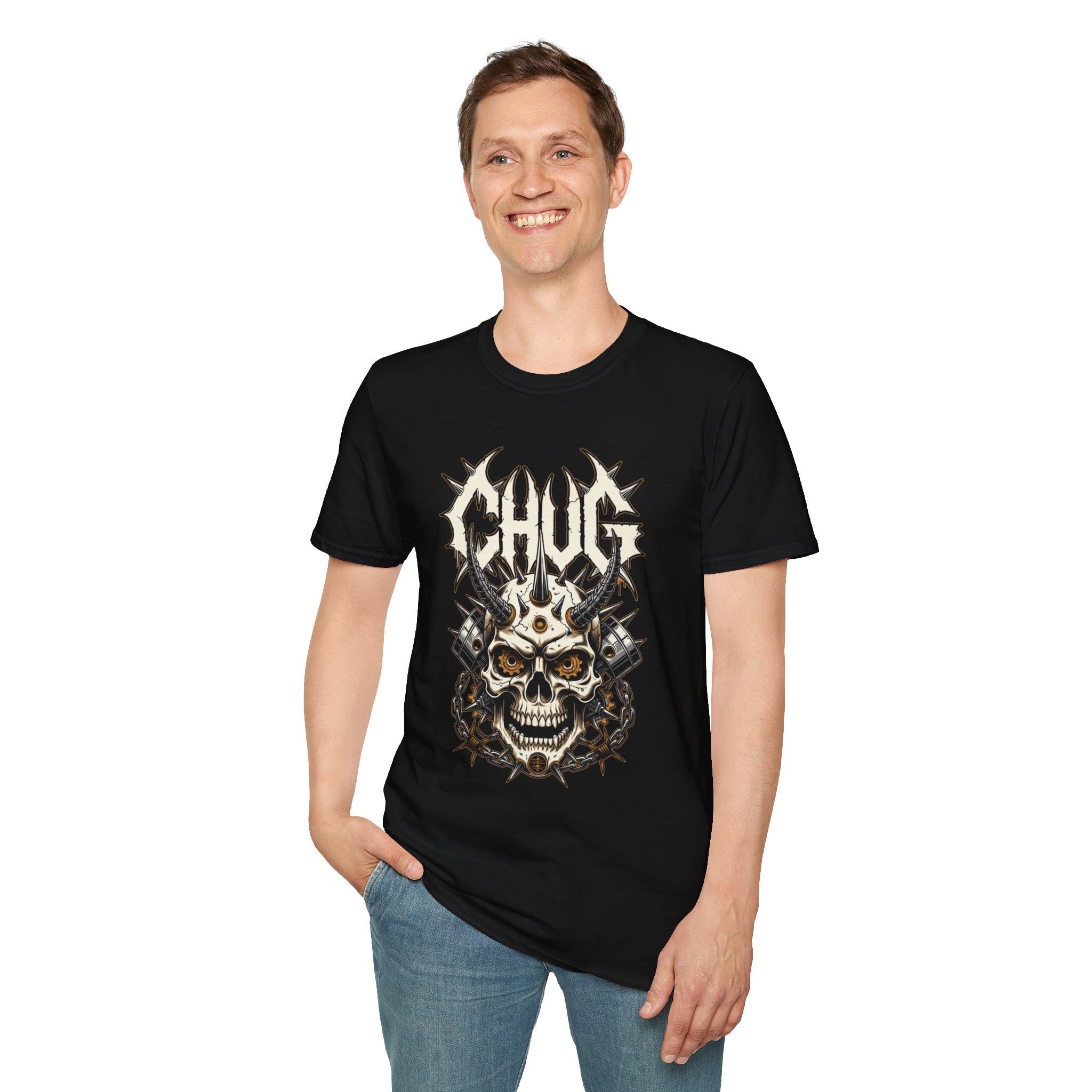 Chug Guitar Riffs Skull Tee — "Chug" Chains & Pistons Metal T-Shirt