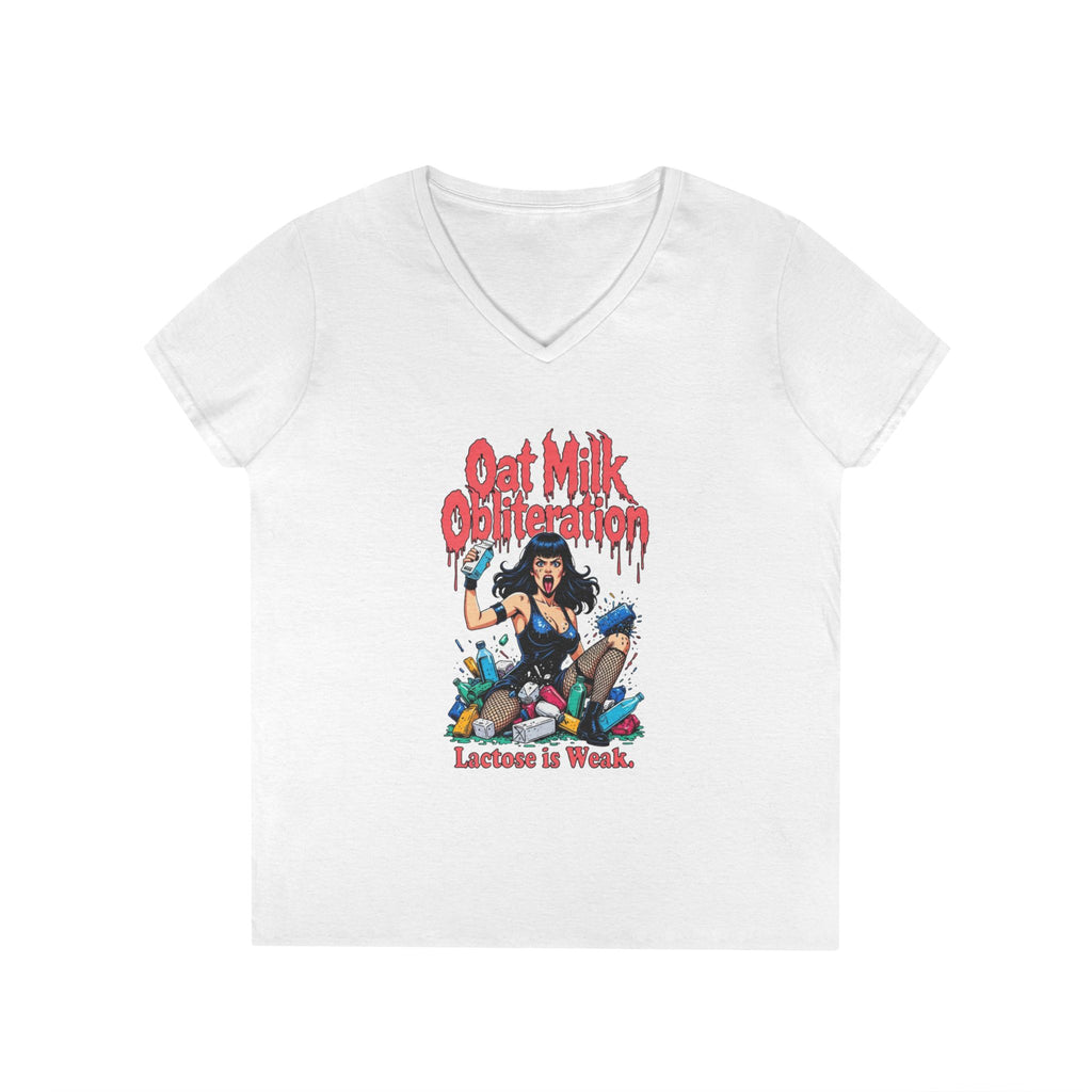 Ladies' V-Neck T-Shirt — "Oat Milk Obsession: Lactose Is Weak" Graphic Tee