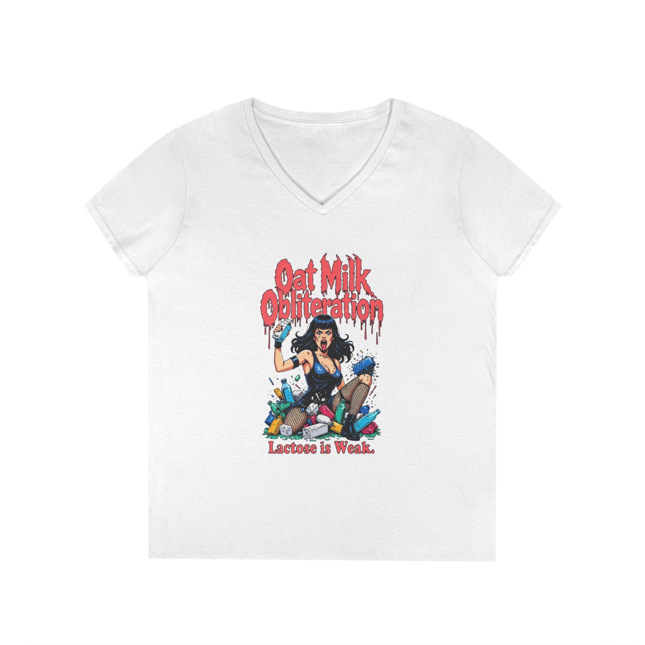 Ladies' V-Neck T-Shirt — "Oat Milk Obsession: Lactose Is Weak" Graphic Tee
