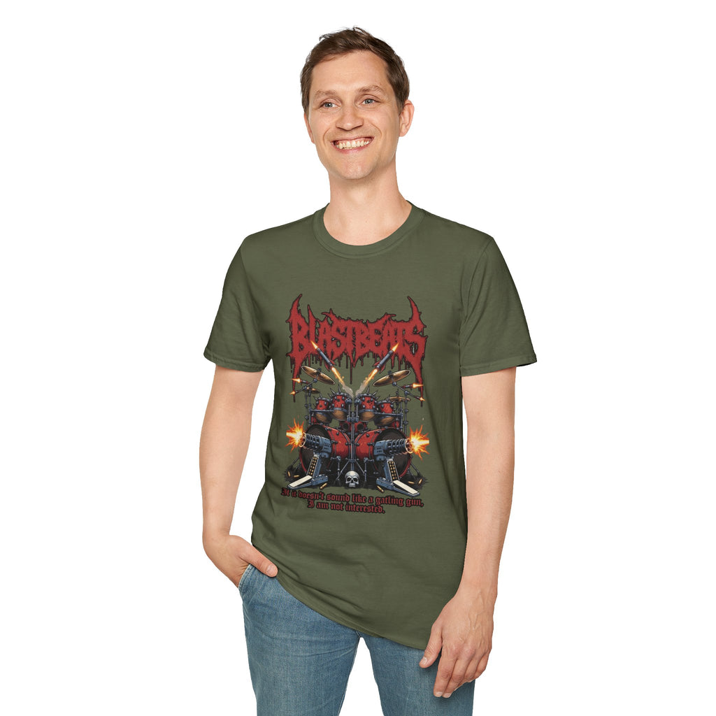 Blast Beats Metal T-Shirt — Drumset & "If the Kicks Don't Sound Like Gatling Guns" Design
