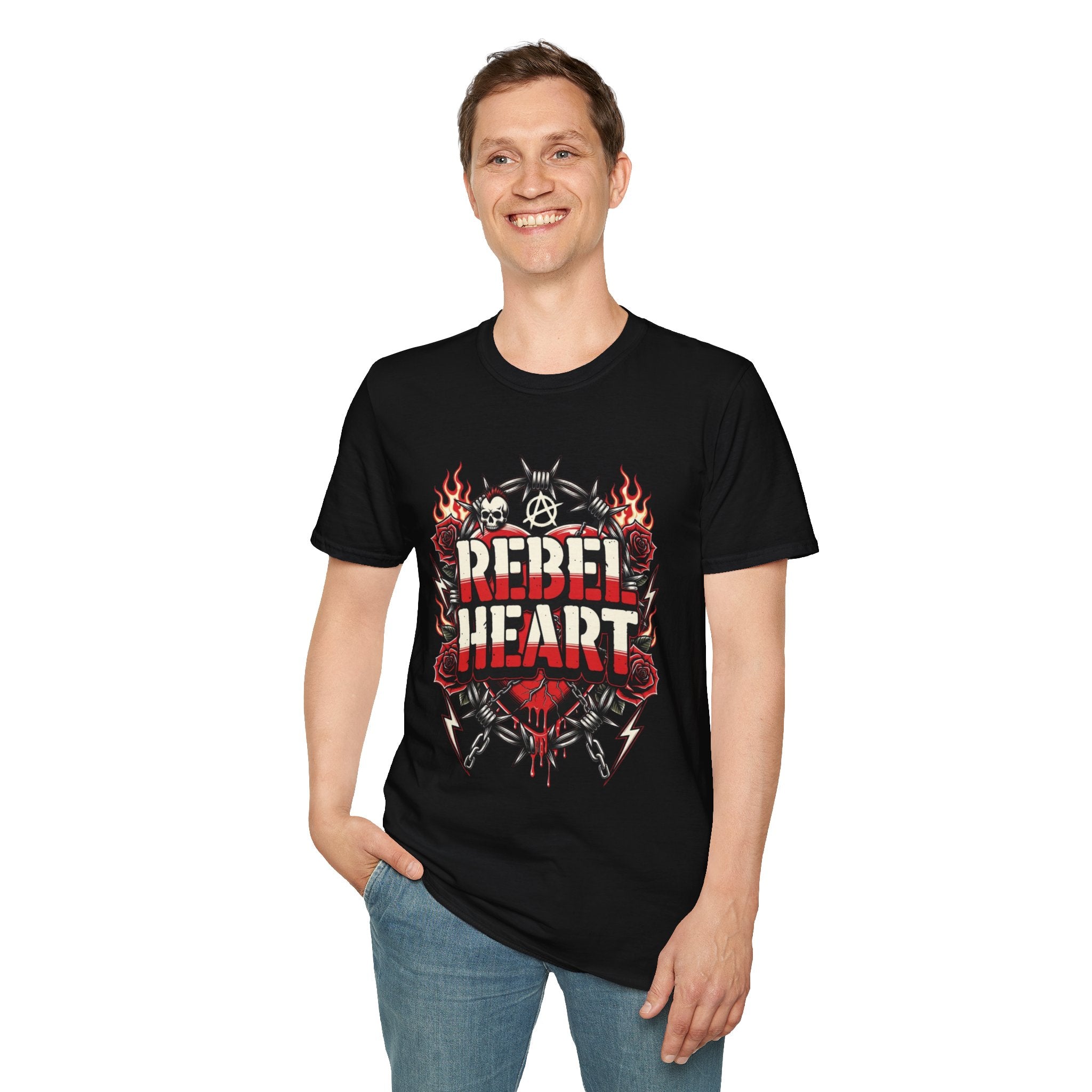 Rebel Heart Graphic T-Shirt — Edgy Flaming Heart & Barbed Wire Design