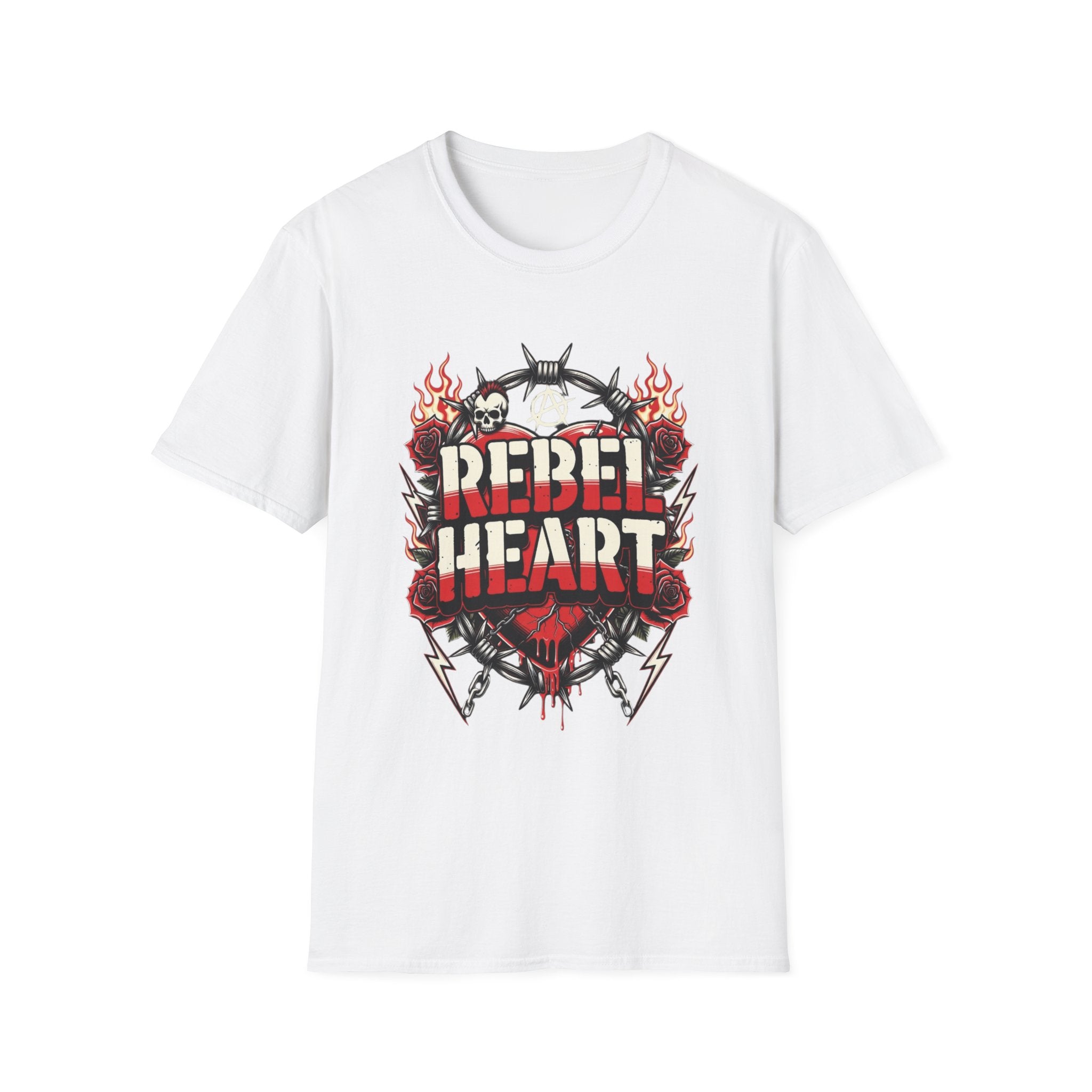 Rebel Heart Graphic T-Shirt — Edgy Flaming Heart & Barbed Wire Design