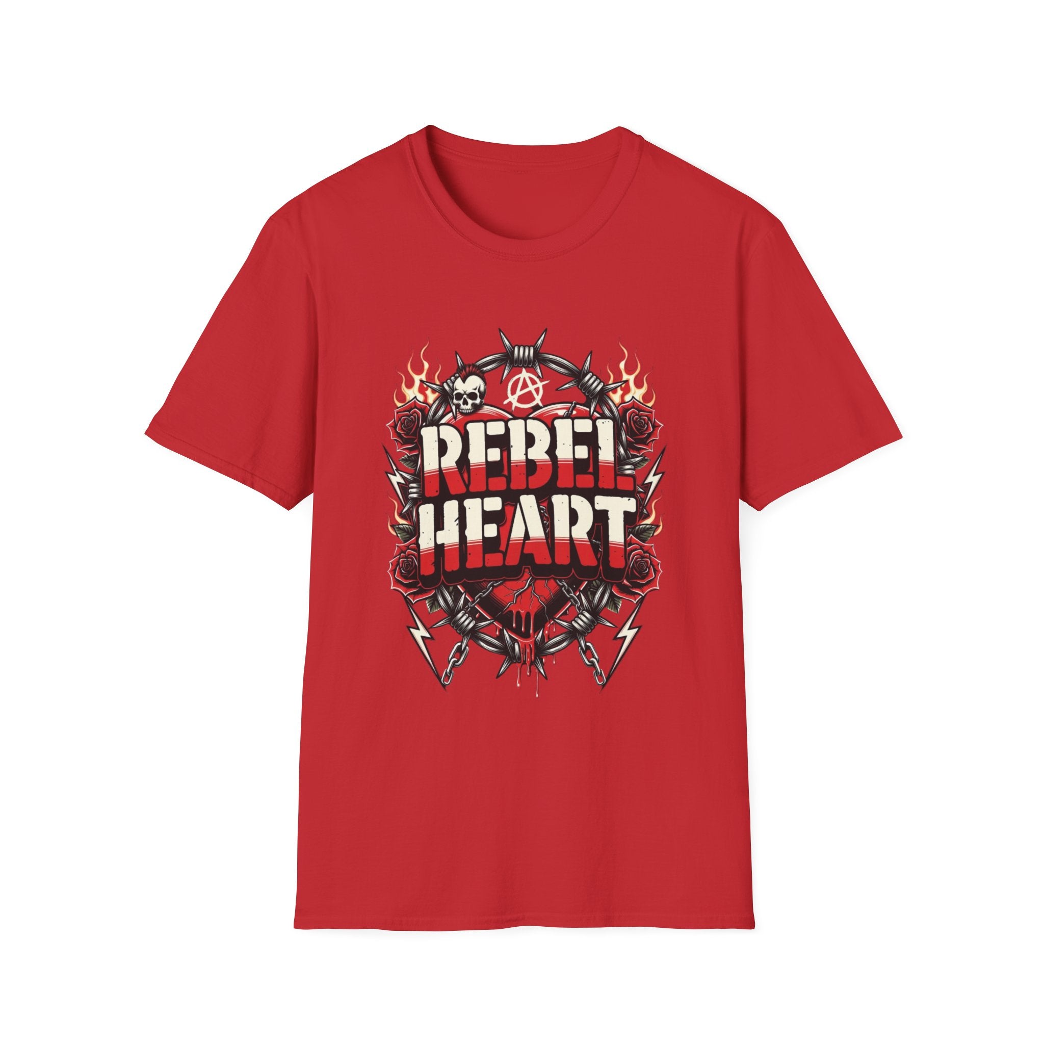 Rebel Heart Graphic T-Shirt — Edgy Flaming Heart & Barbed Wire Design