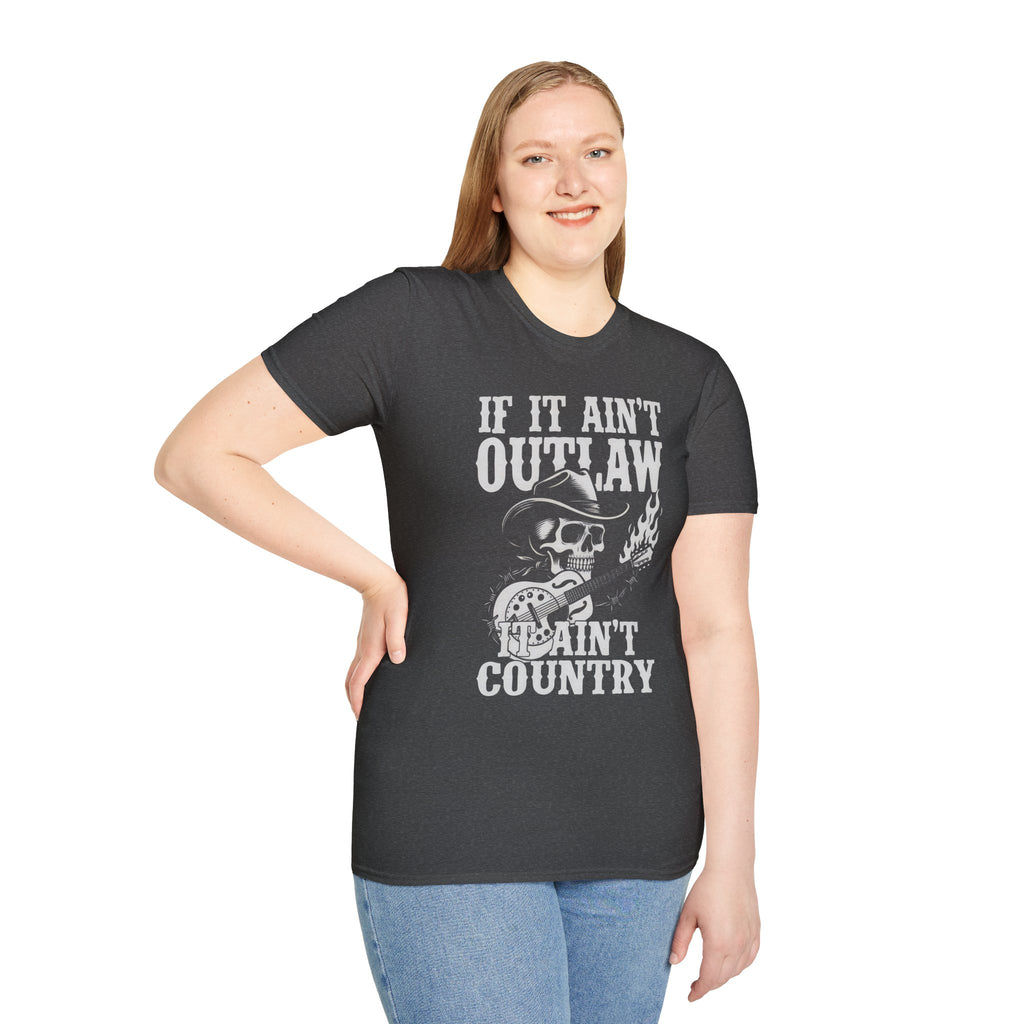 If It Ain't Outlaw, It Ain't Country T-Shirt — Skull Cowboy Guitar Graphic