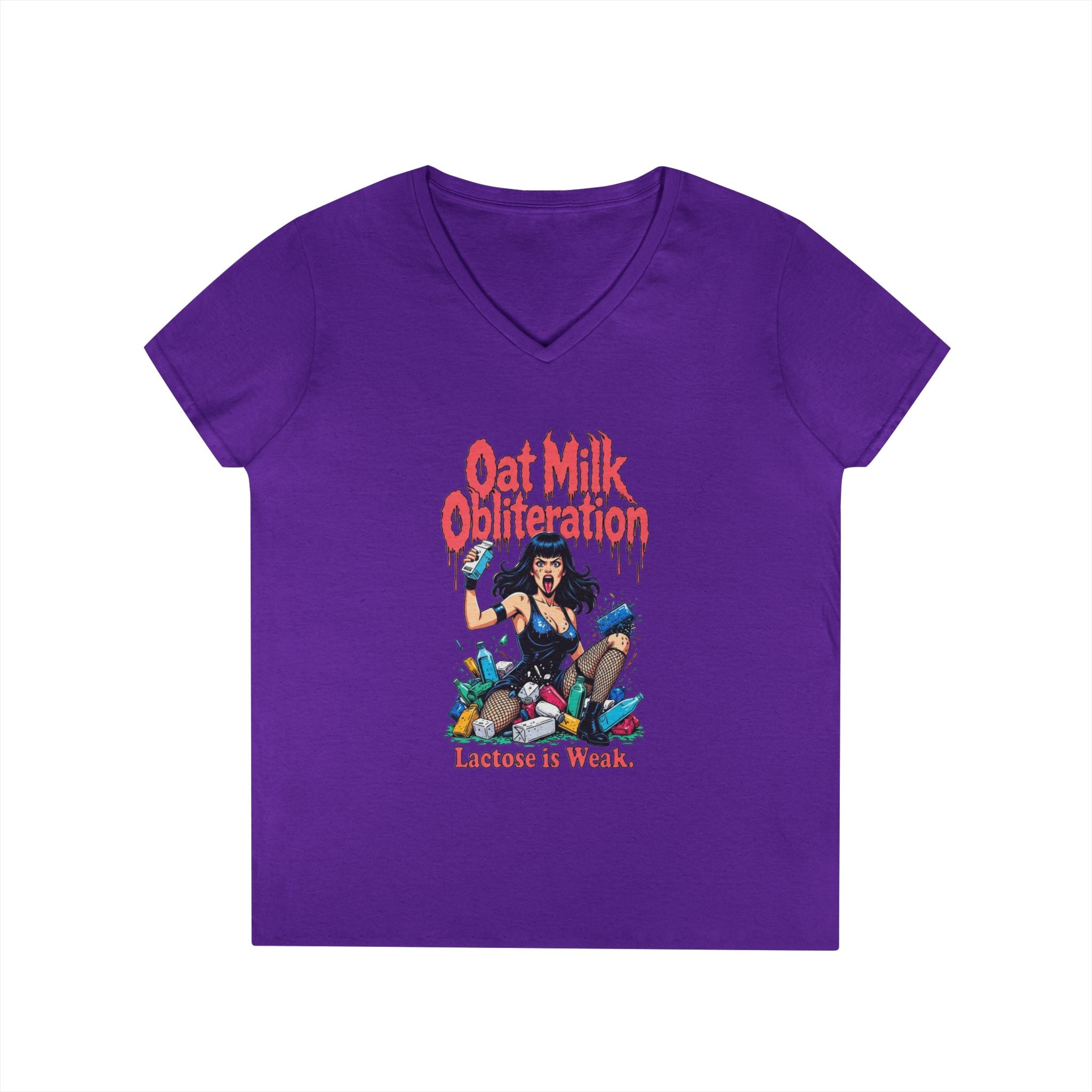 Ladies' V-Neck T-Shirt — "Oat Milk Obsession: Lactose Is Weak" Graphic Tee