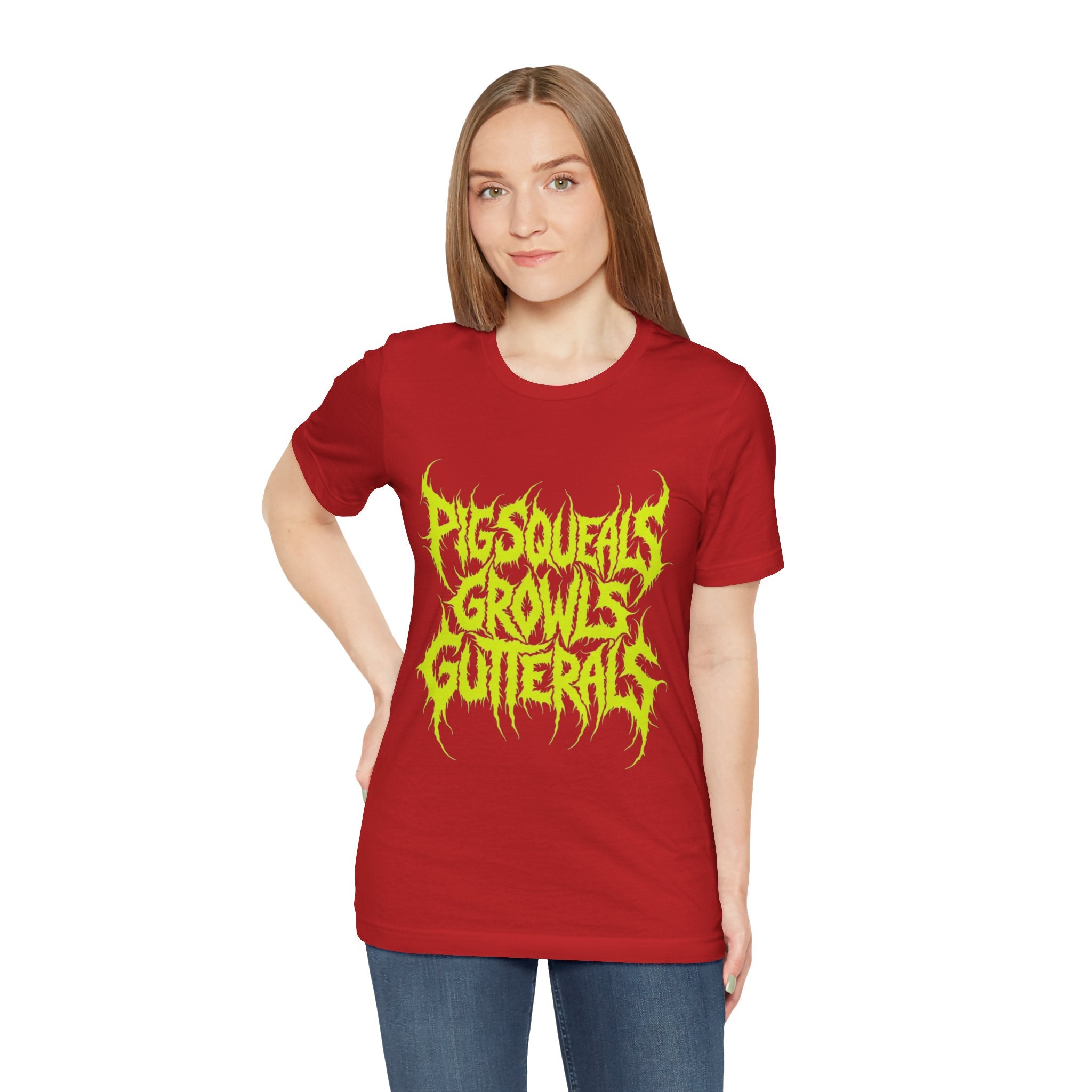 Metal Band Tee — "Pigsqueals Growls Gutterals" Neon Deathcore T-Shirt