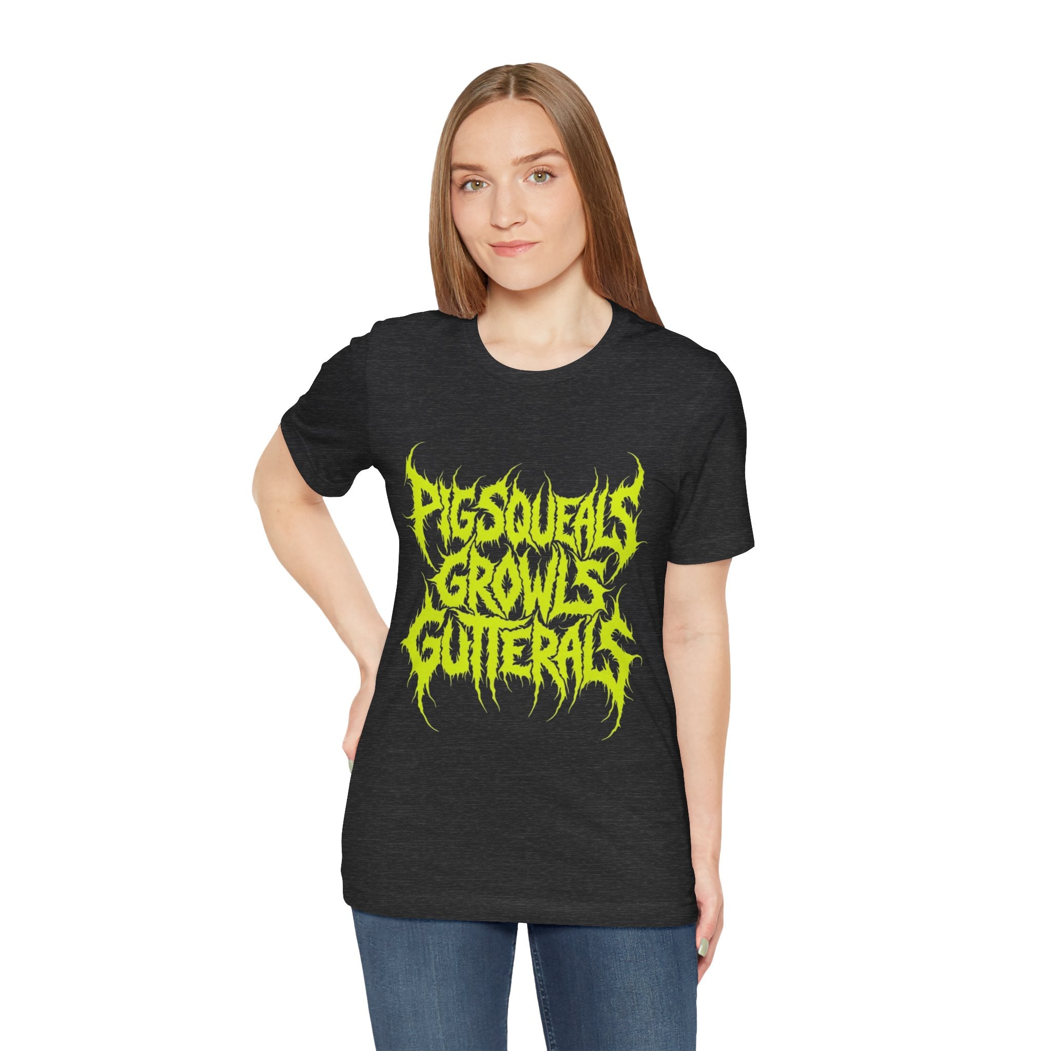 Metal Band Tee — "Pigsqueals Growls Gutterals" Neon Deathcore T-Shirt