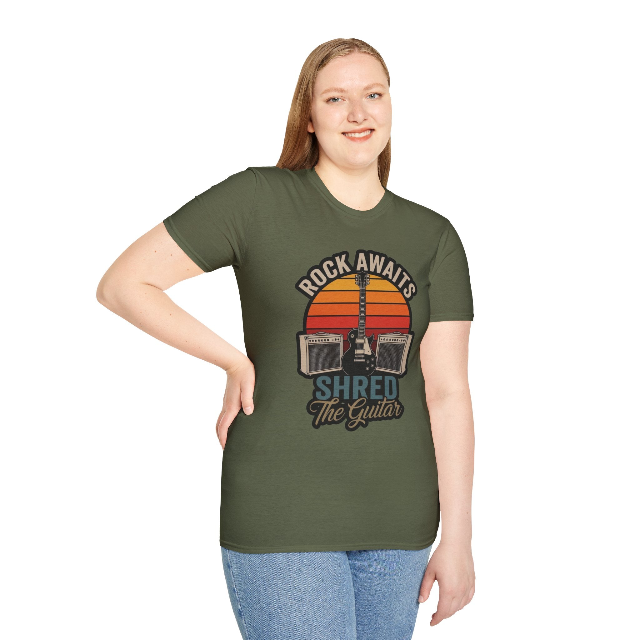 Rock Awaits "Shred the Guitar" T-Shirt - Retro Guitar & Amp Graphic