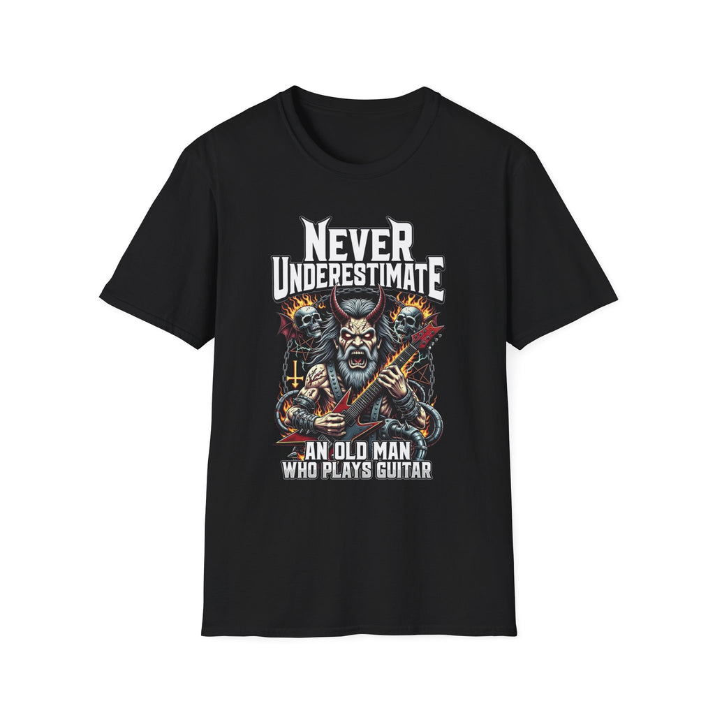Never Underestimate an Old Man Who Plays Guitar T-Shirt — Vintage Rock Guitarist Tee