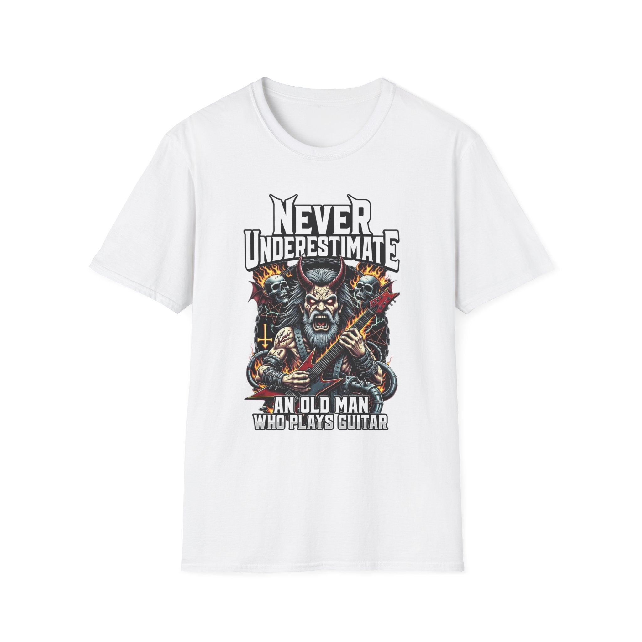 Never Underestimate an Old Man Who Plays Guitar T-Shirt — Vintage Rock Guitarist Tee