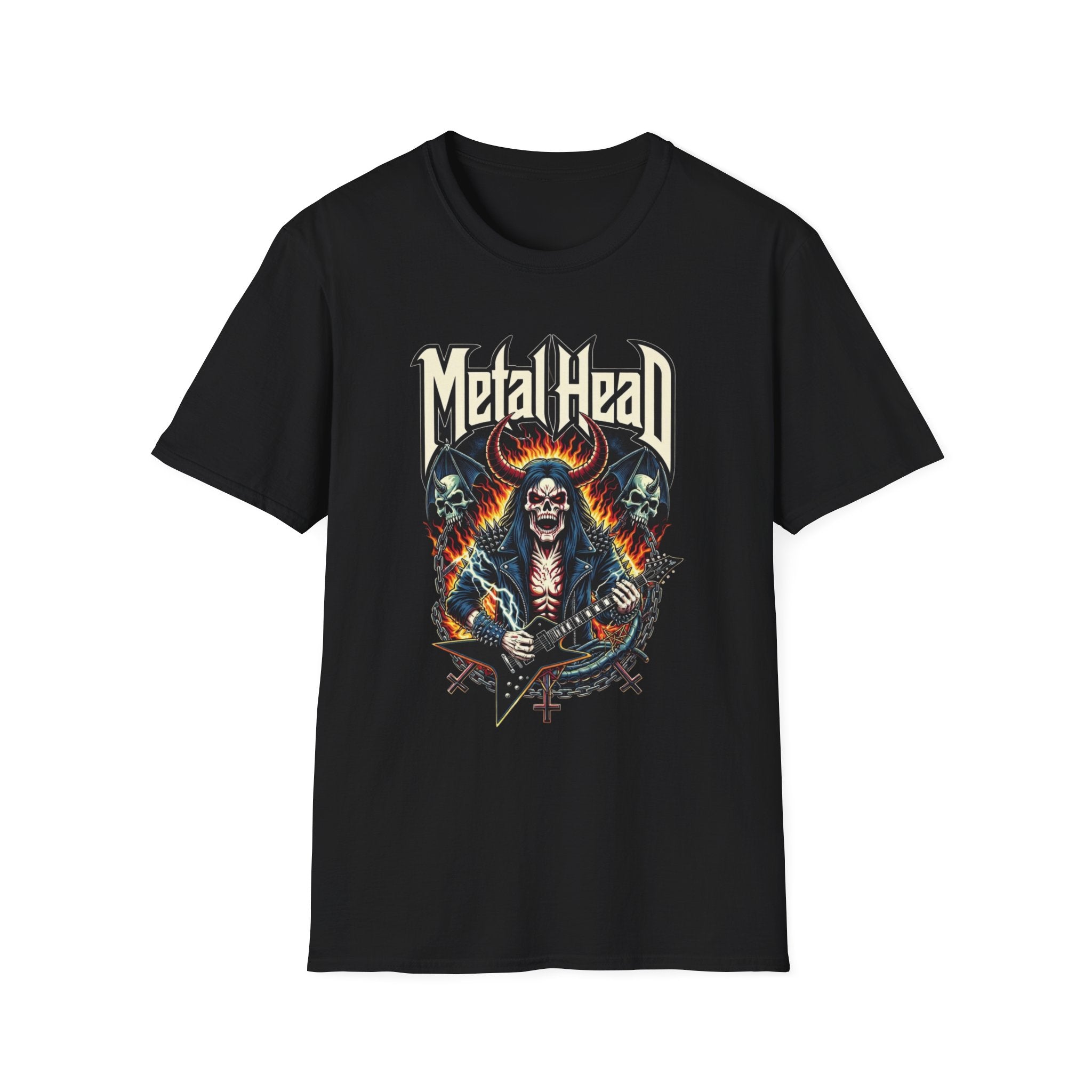 Heavy Metal Skull Guitar Player T-Shirt — Rocker Tee for Metalheads