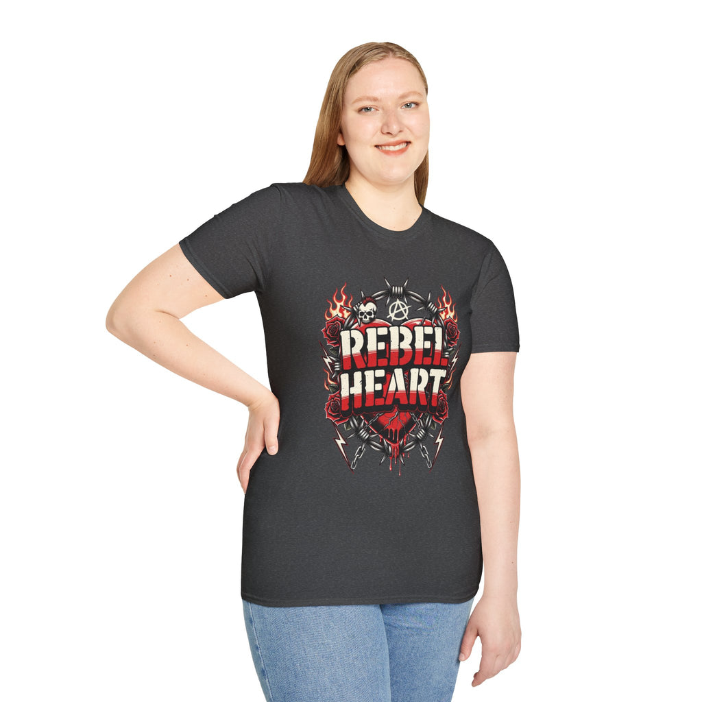 Rebel Heart Graphic T-Shirt — Edgy Flaming Heart & Barbed Wire Design