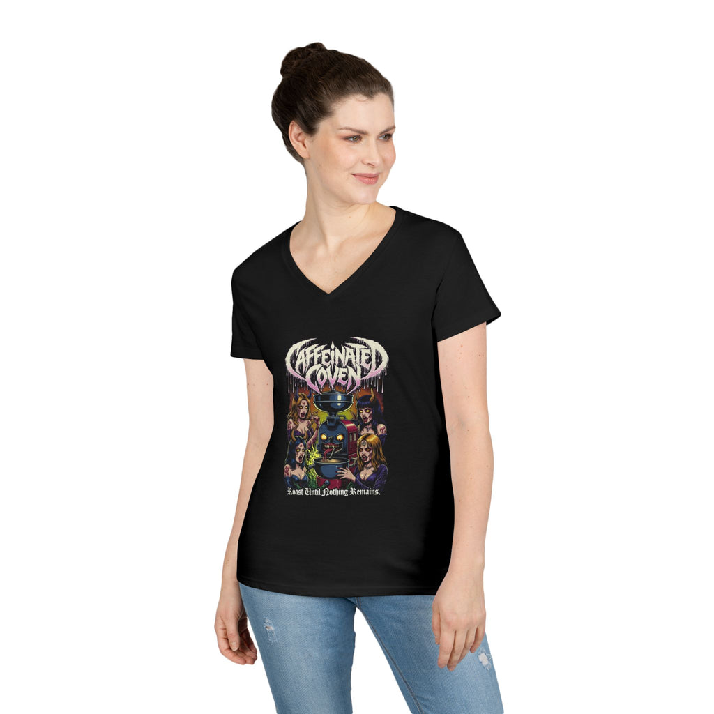 Caffeinated Coven V-Neck Tee — Retro Witchy Graphic T-Shirt