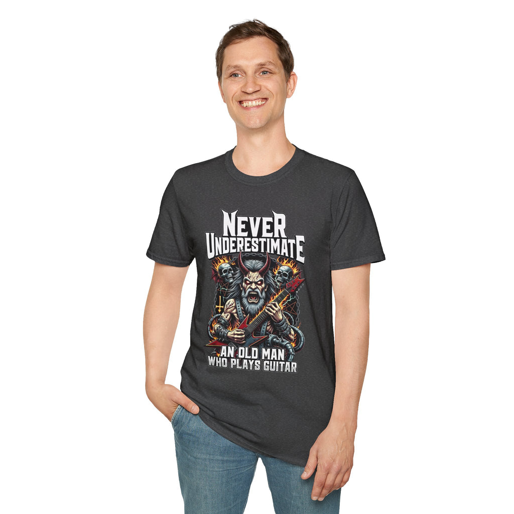 Never Underestimate an Old Man Who Plays Guitar T-Shirt — Vintage Rock Guitarist Tee