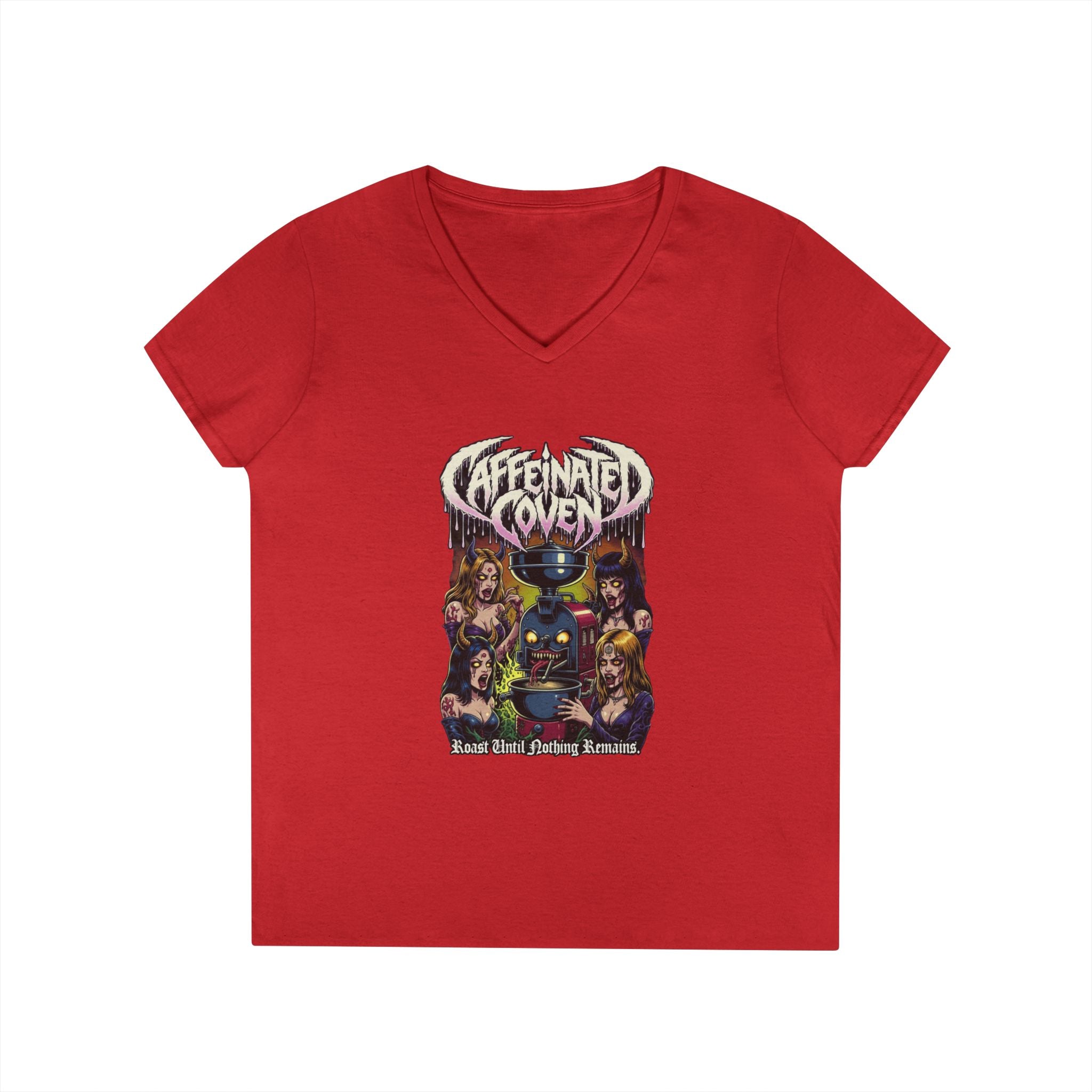 Caffeinated Coven V-Neck Tee — Retro Witchy Graphic T-Shirt