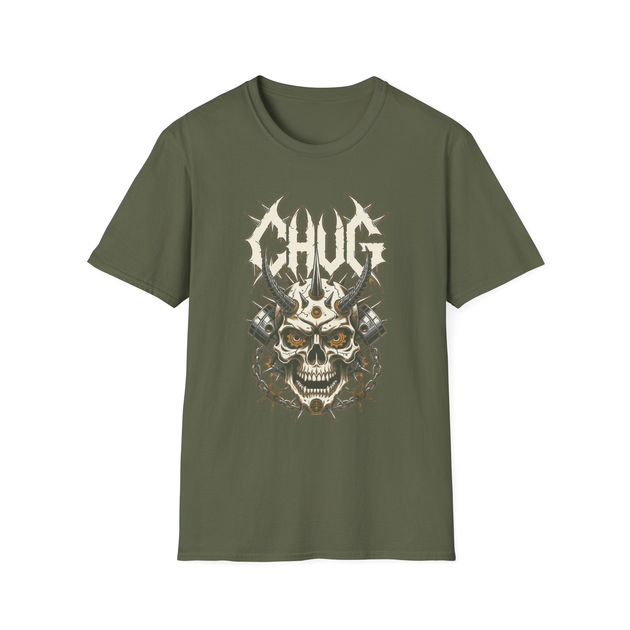 Chug Guitar Riffs Skull Tee — "Chug" Chains & Pistons Metal T-Shirt