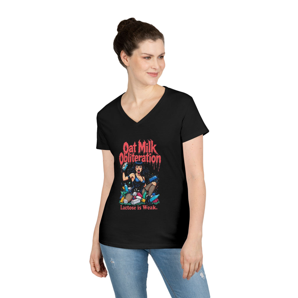 Ladies' V-Neck T-Shirt — "Oat Milk Obsession: Lactose Is Weak" Graphic Tee
